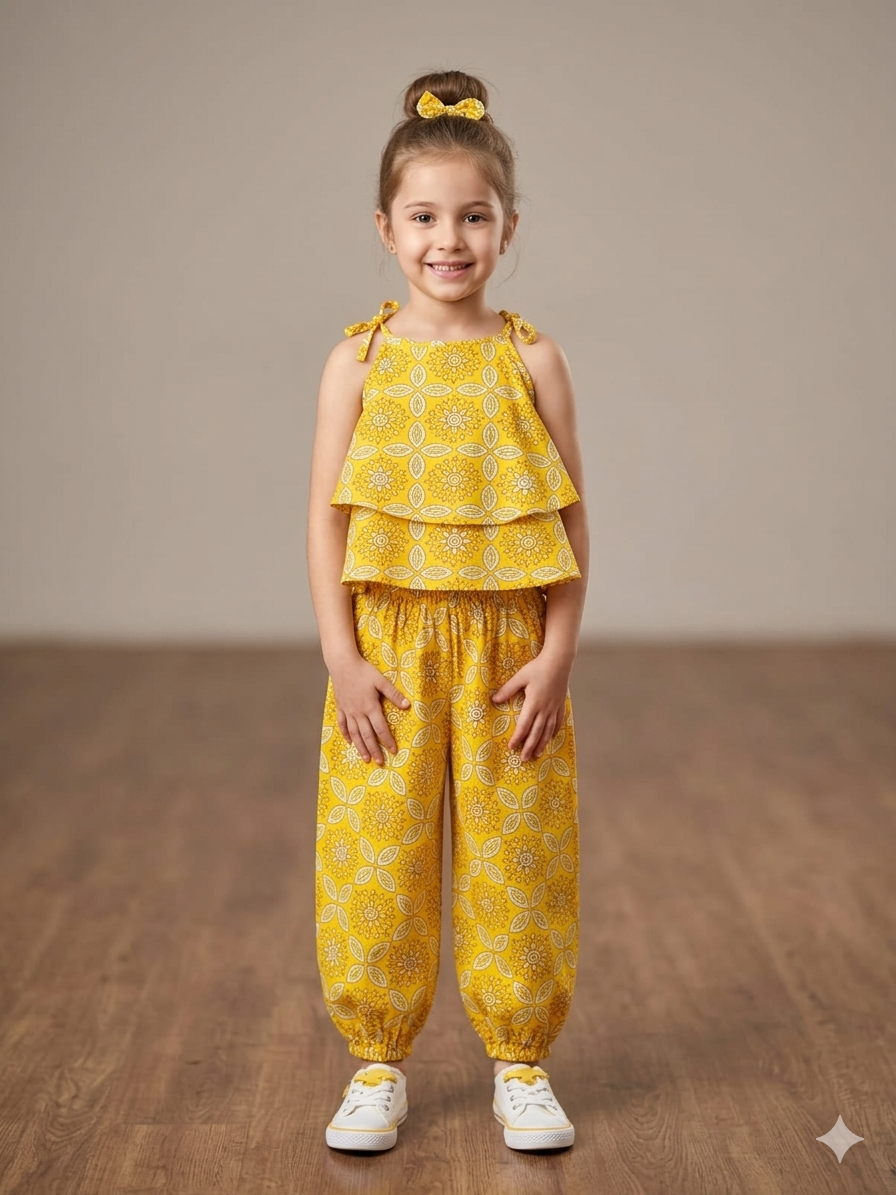 Girls Bright Yellow Ethnic Geometric Printed Tiered Top with Cuffed Trousers Set