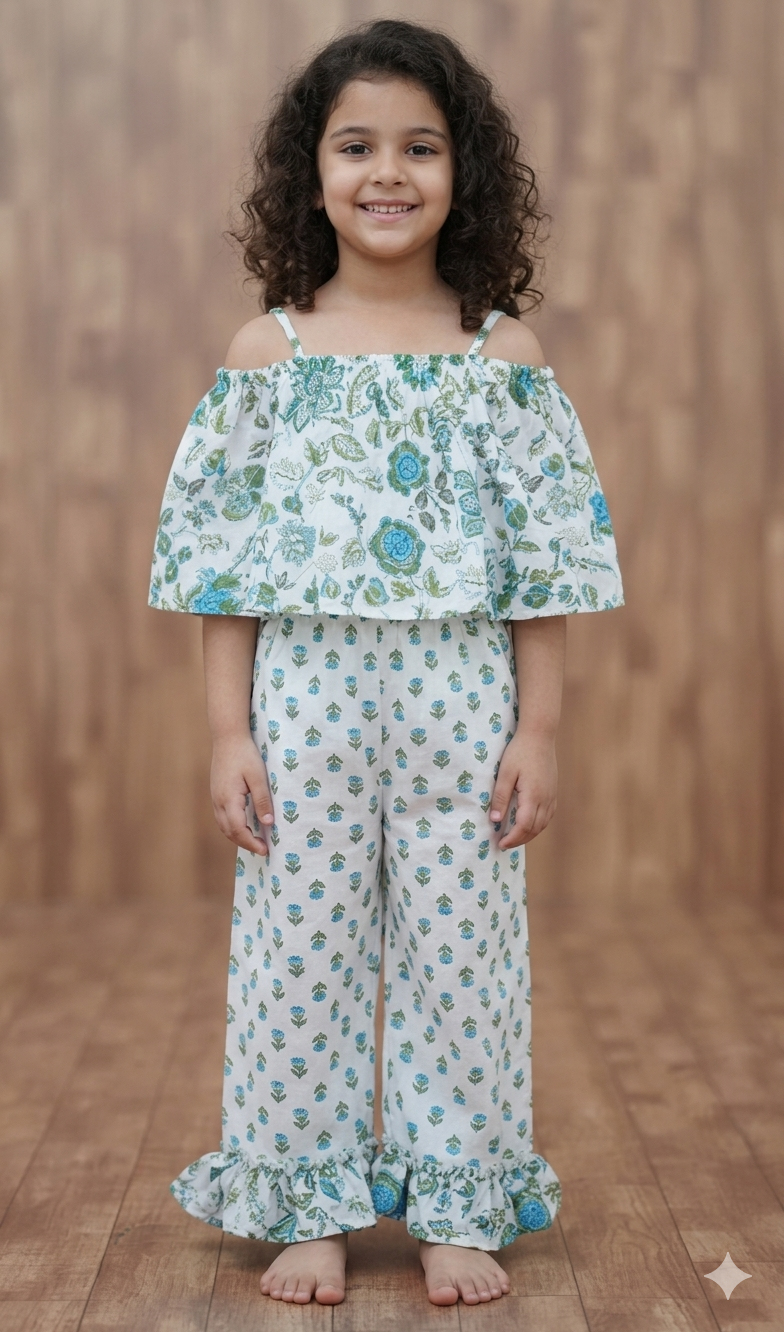 Girls Light Blue Floral Printed Off Shoulder Top & Flared Pants Set