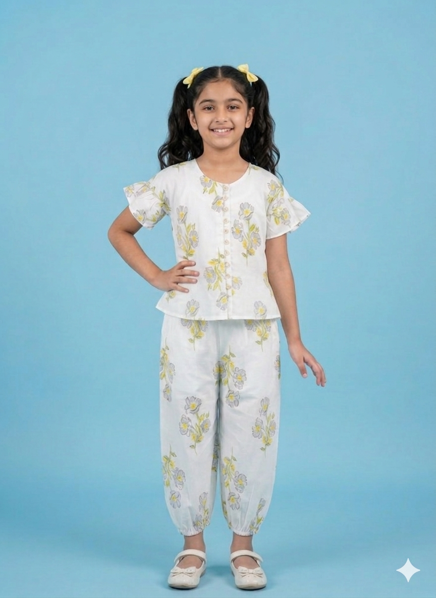 Girls White Floral Printed Co-Ord Set – Peplum Top & Matching Pants