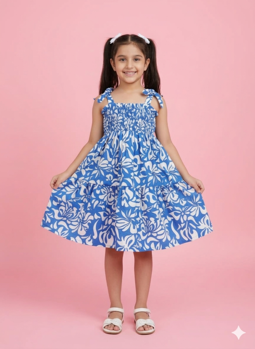 Girls Blue & White Floral Printed Dress with Matching Handbag | Kids Summer Party Dress
