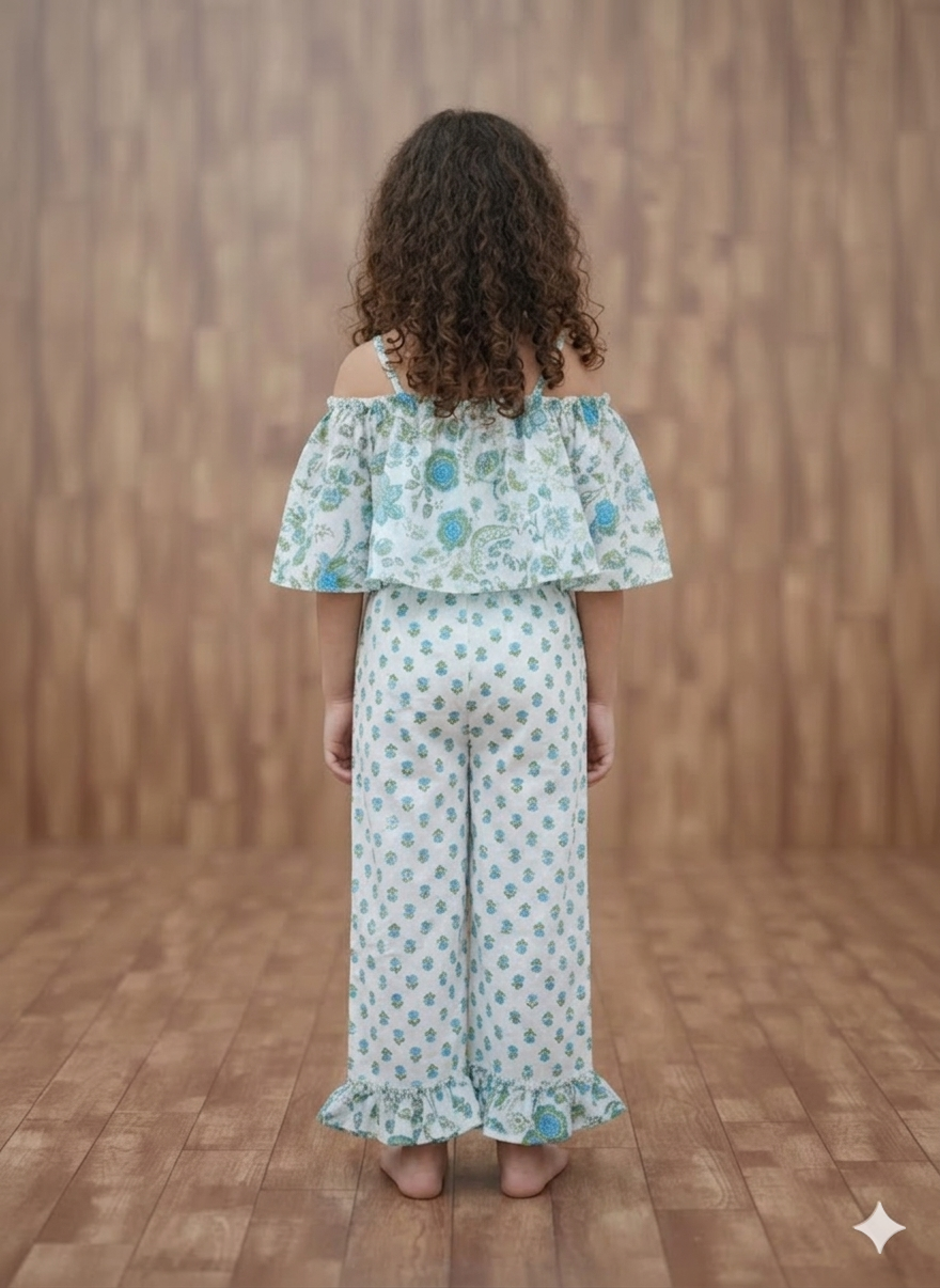 Girls Light Blue Floral Printed Off Shoulder Top & Flared Pants Set