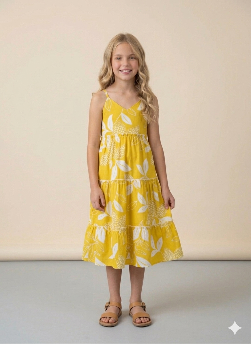 Girls Yellow Leaf Print Tiered Dress | Sleeveless Summer Party & Casual Dress
