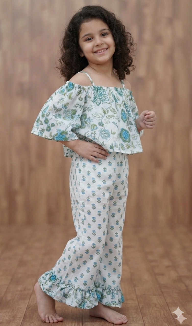 Girls Light Blue Floral Printed Off Shoulder Top & Flared Pants Set