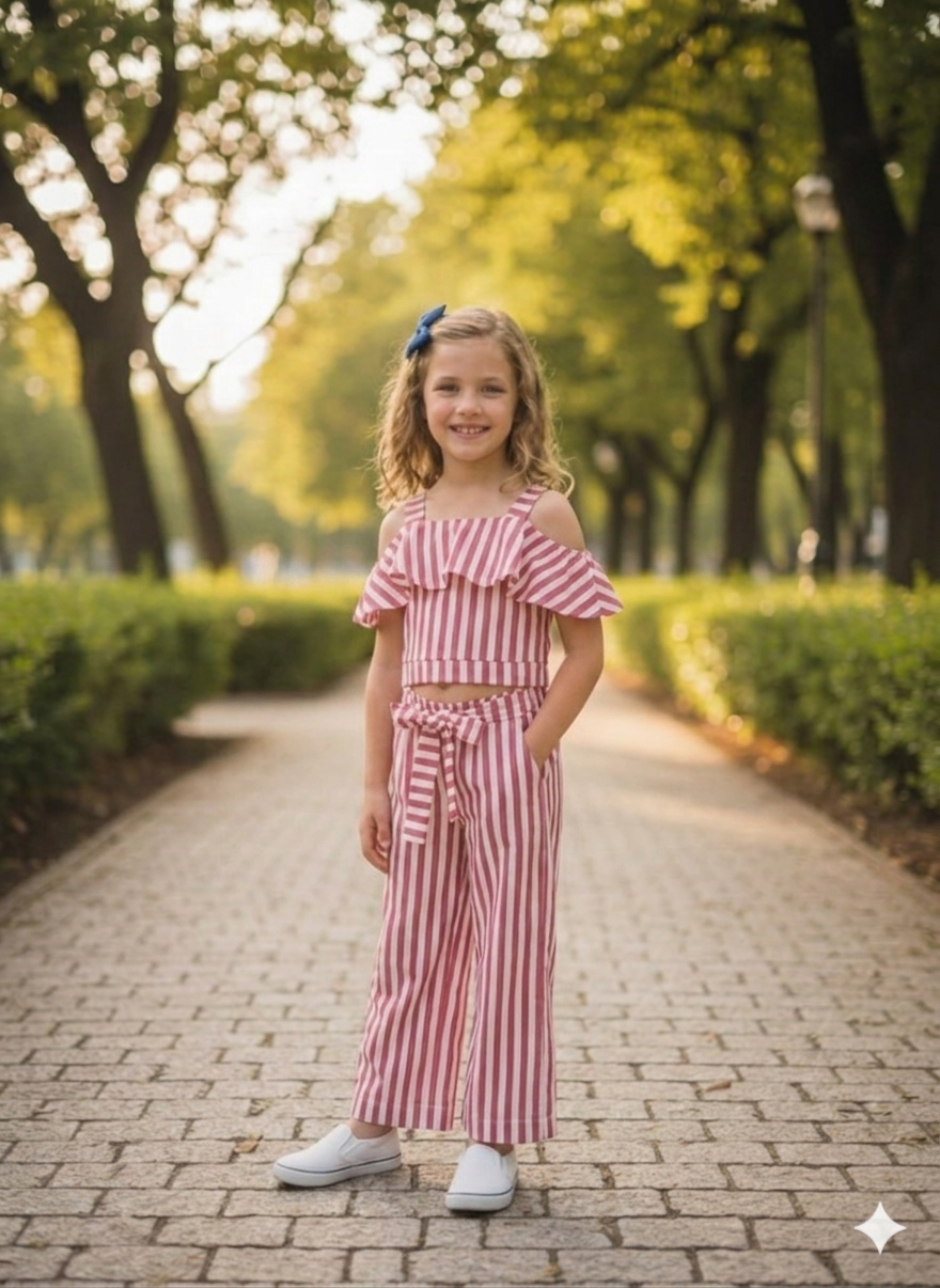 Girls Striped Cold Shoulder Crop Top with Wide-Leg Pants Set