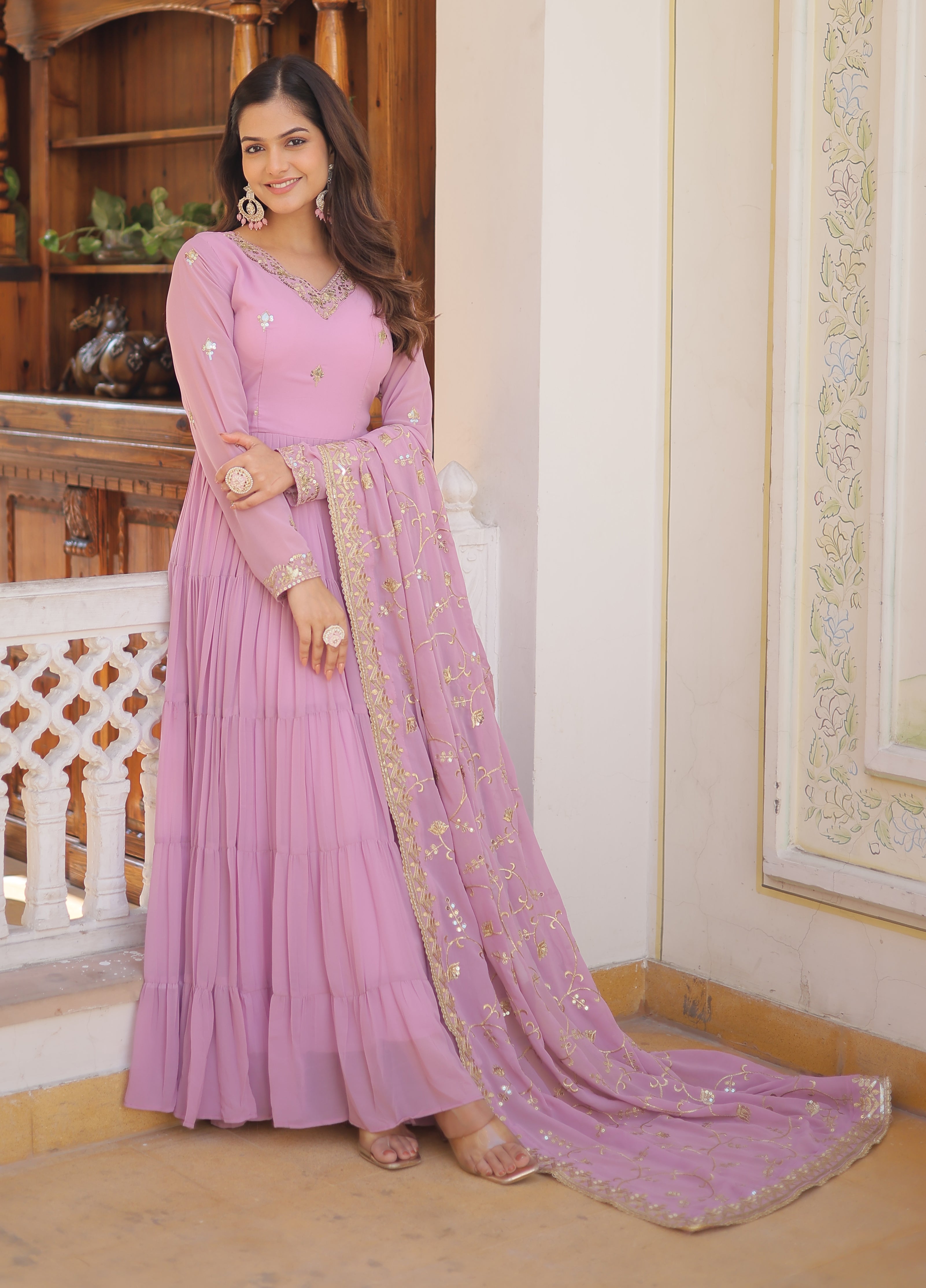 Graceful Lavender Tiered Anarkali Gown with Embroidered Dupatta