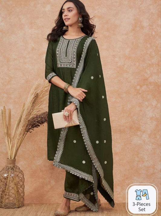 Radiant Gold Embroidered Kurta Set with Sheer Dupatta