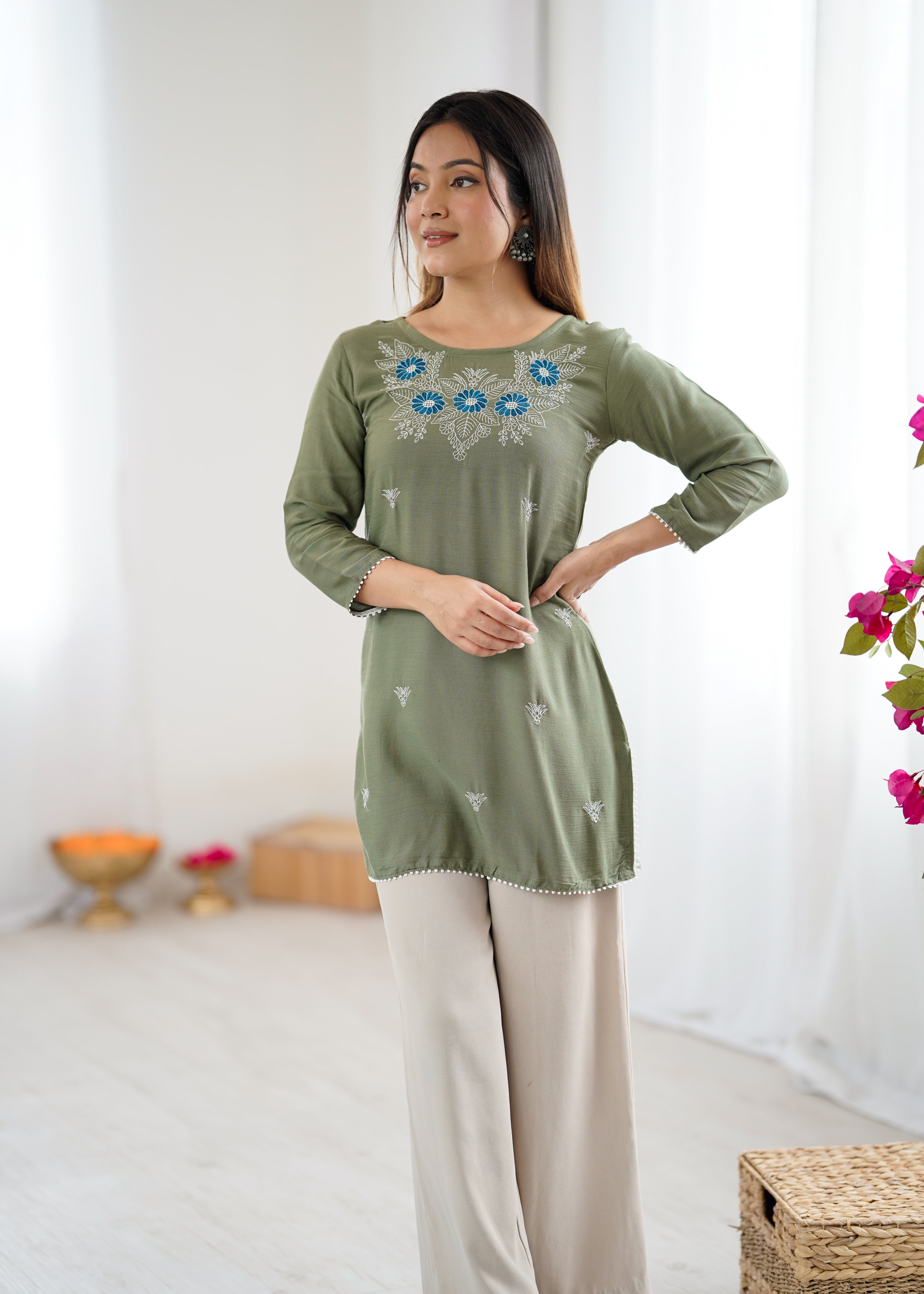Olive Green Embroidered Kurti for Women