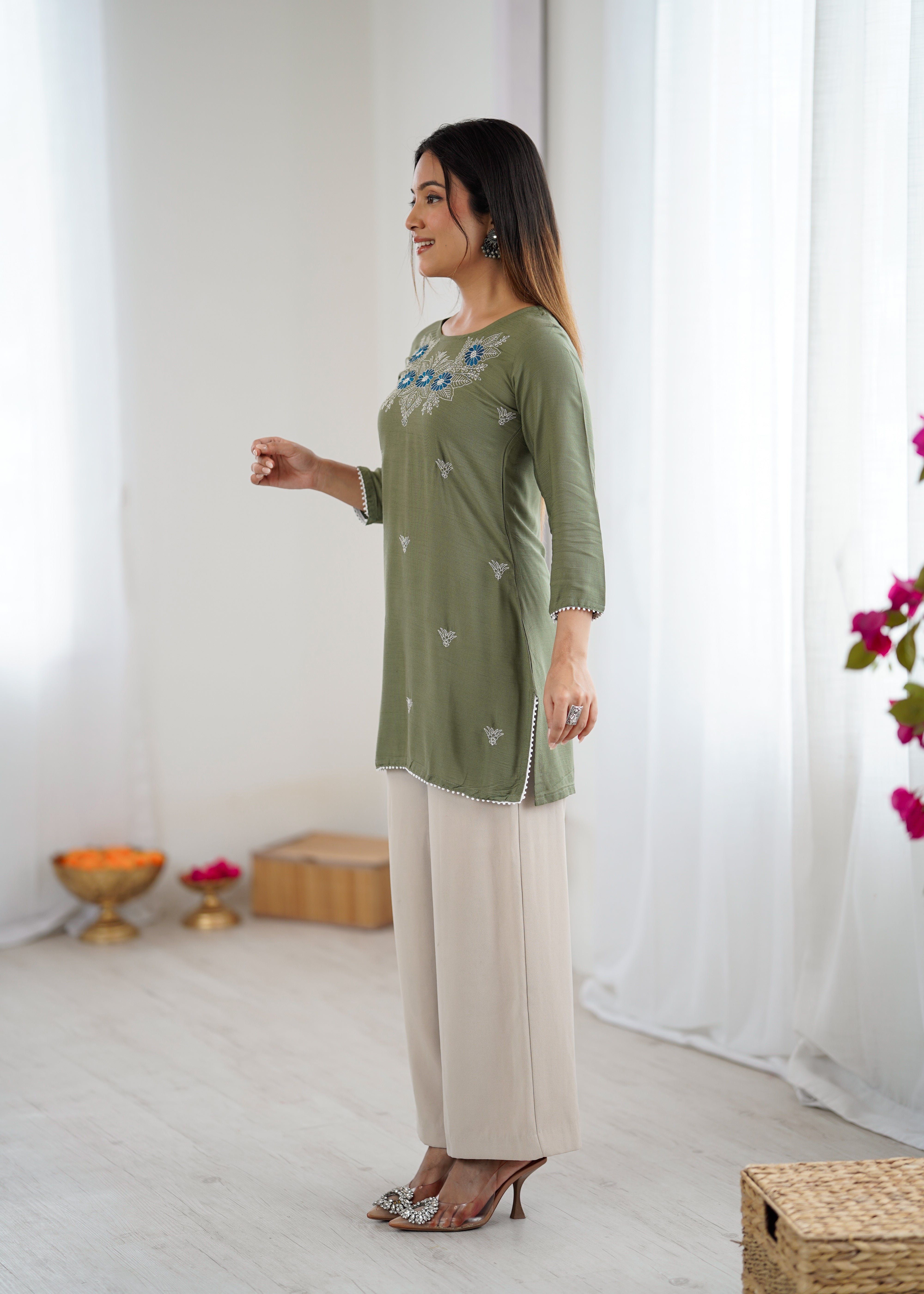 Olive Green Embroidered Kurti for Women