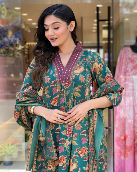 Emerald Elegance – Floral Print Kurta Set with Dupatta