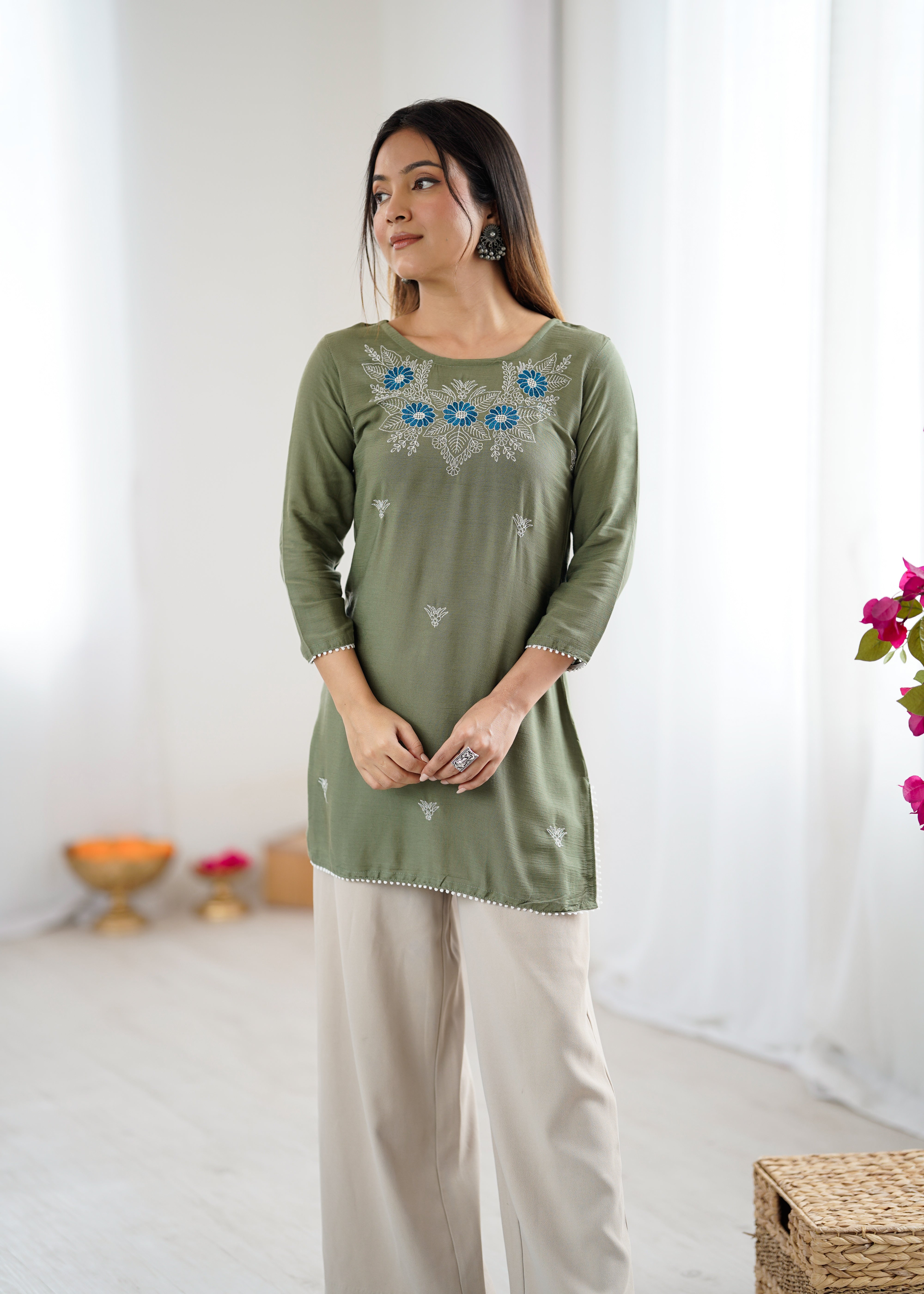 Olive Green Embroidered Kurti for Women