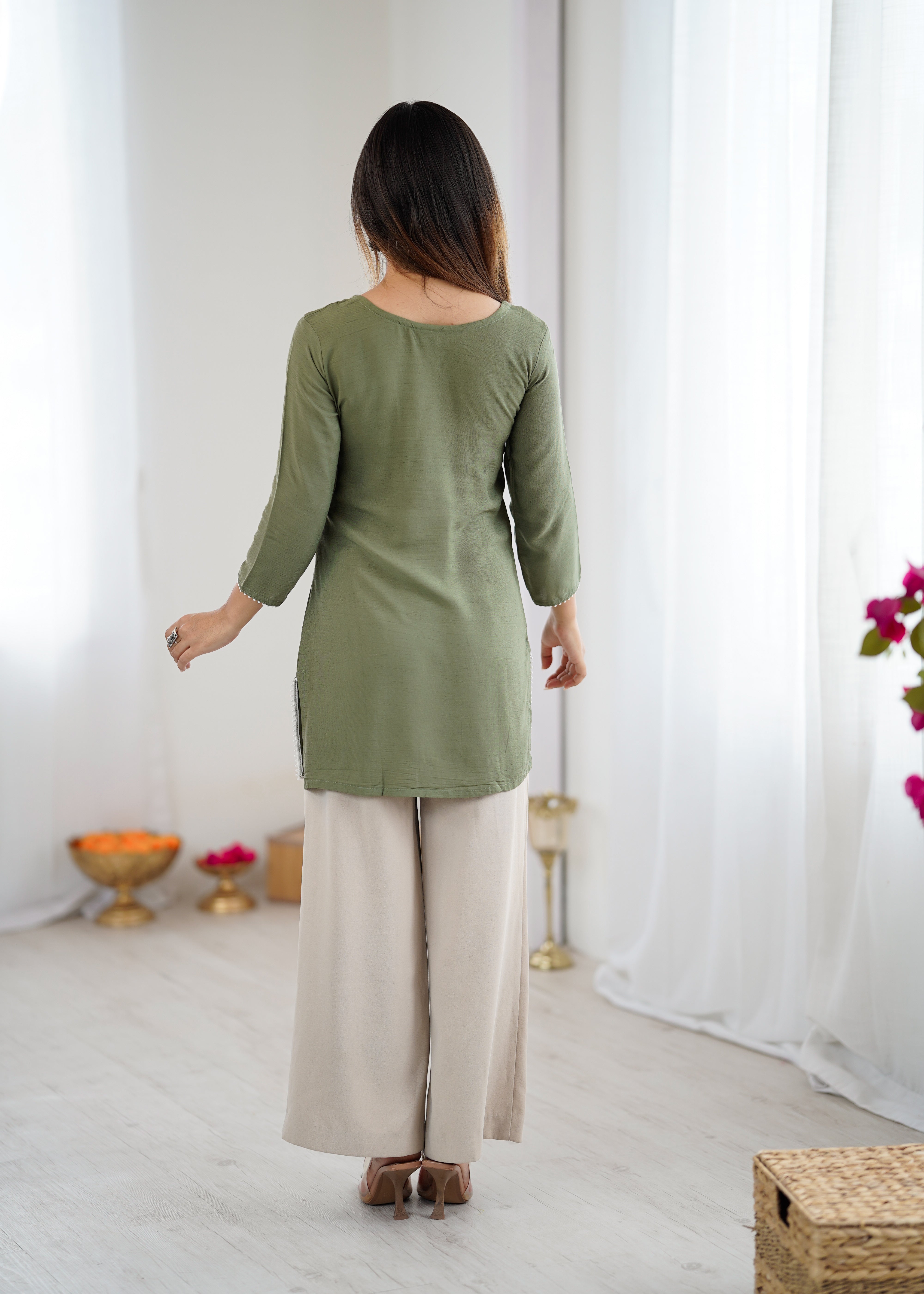 Olive Green Embroidered Kurti for Women