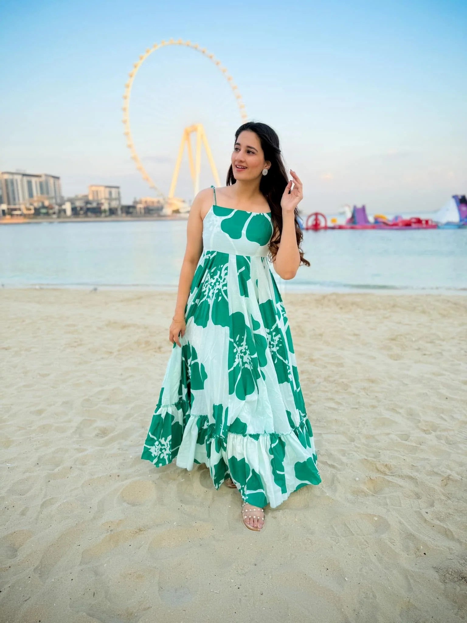 Green White Printed Maxi Dress for Women | Sleeveless Flared Long Dress