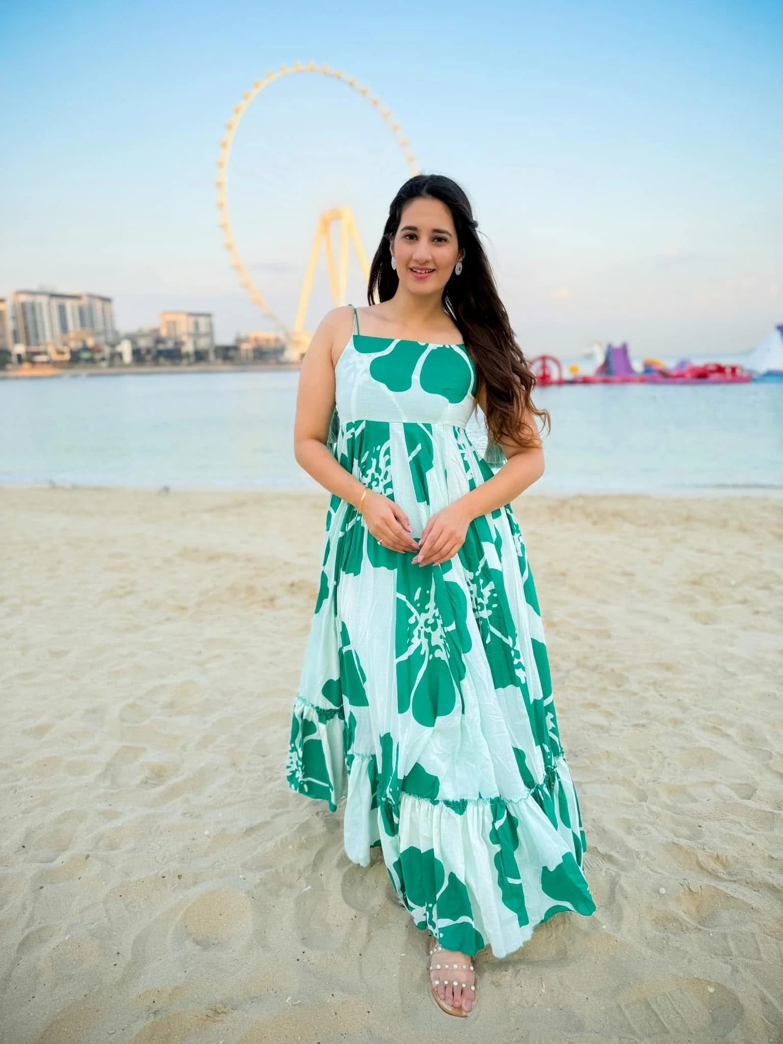 Green White Printed Maxi Dress for Women | Sleeveless Flared Long Dress