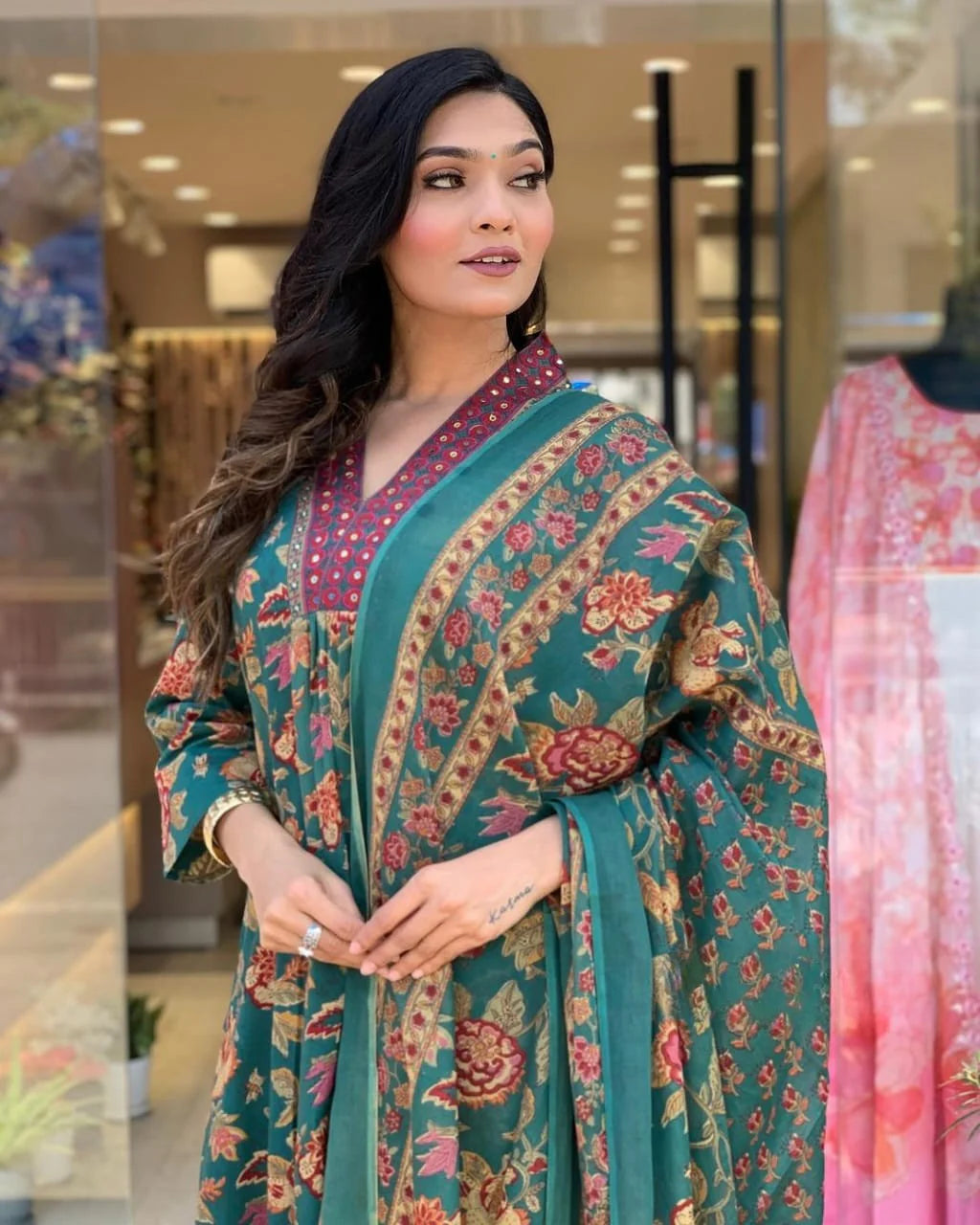 Emerald Elegance – Floral Print Kurta Set with Dupatta
