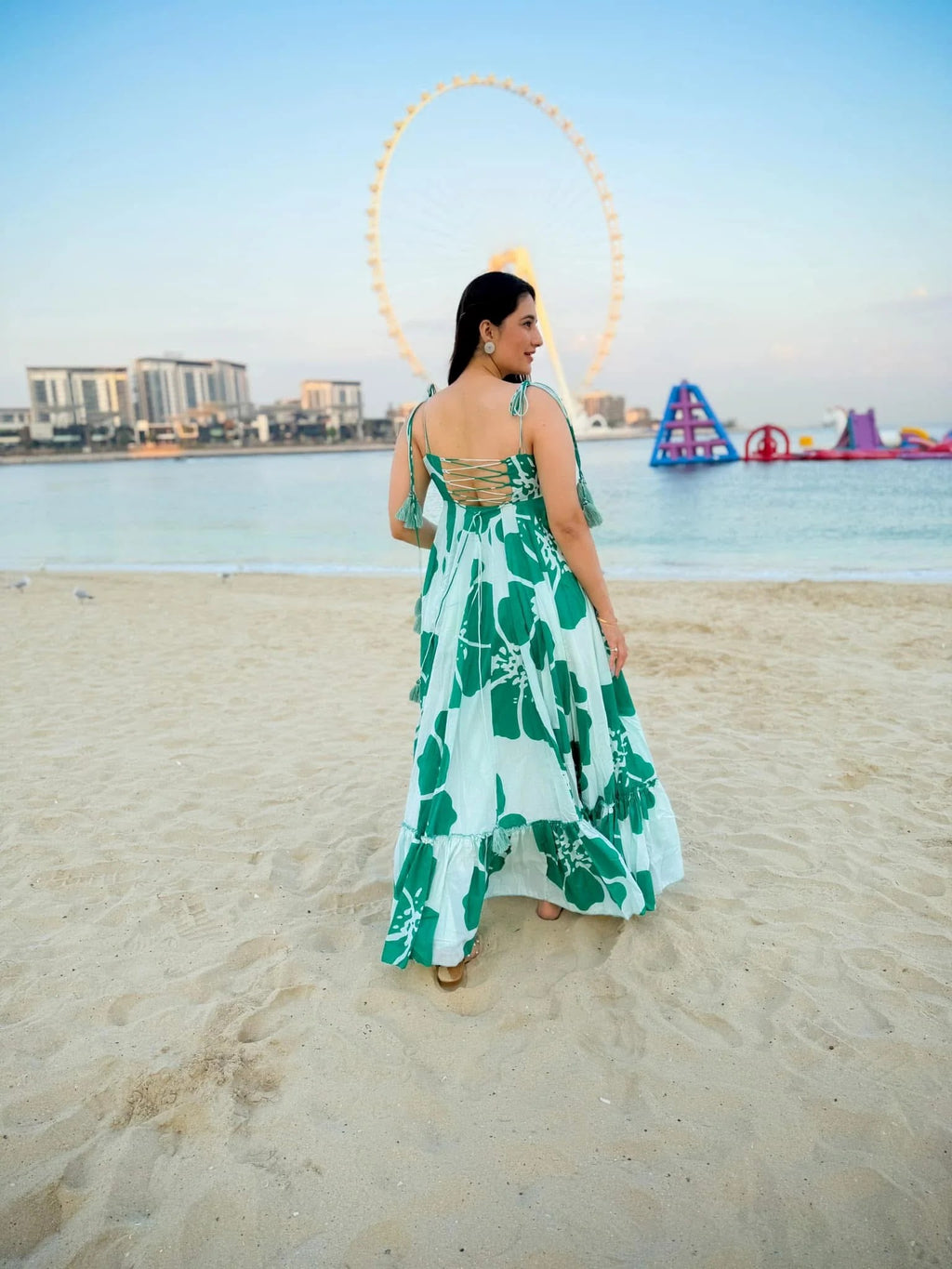 Green White Printed Maxi Dress for Women | Sleeveless Flared Long Dress