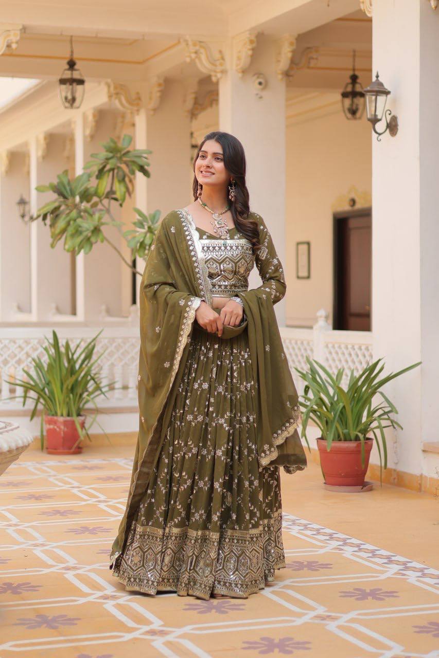 Designer Georgette Wedding Wear Olive Lehenga Choli