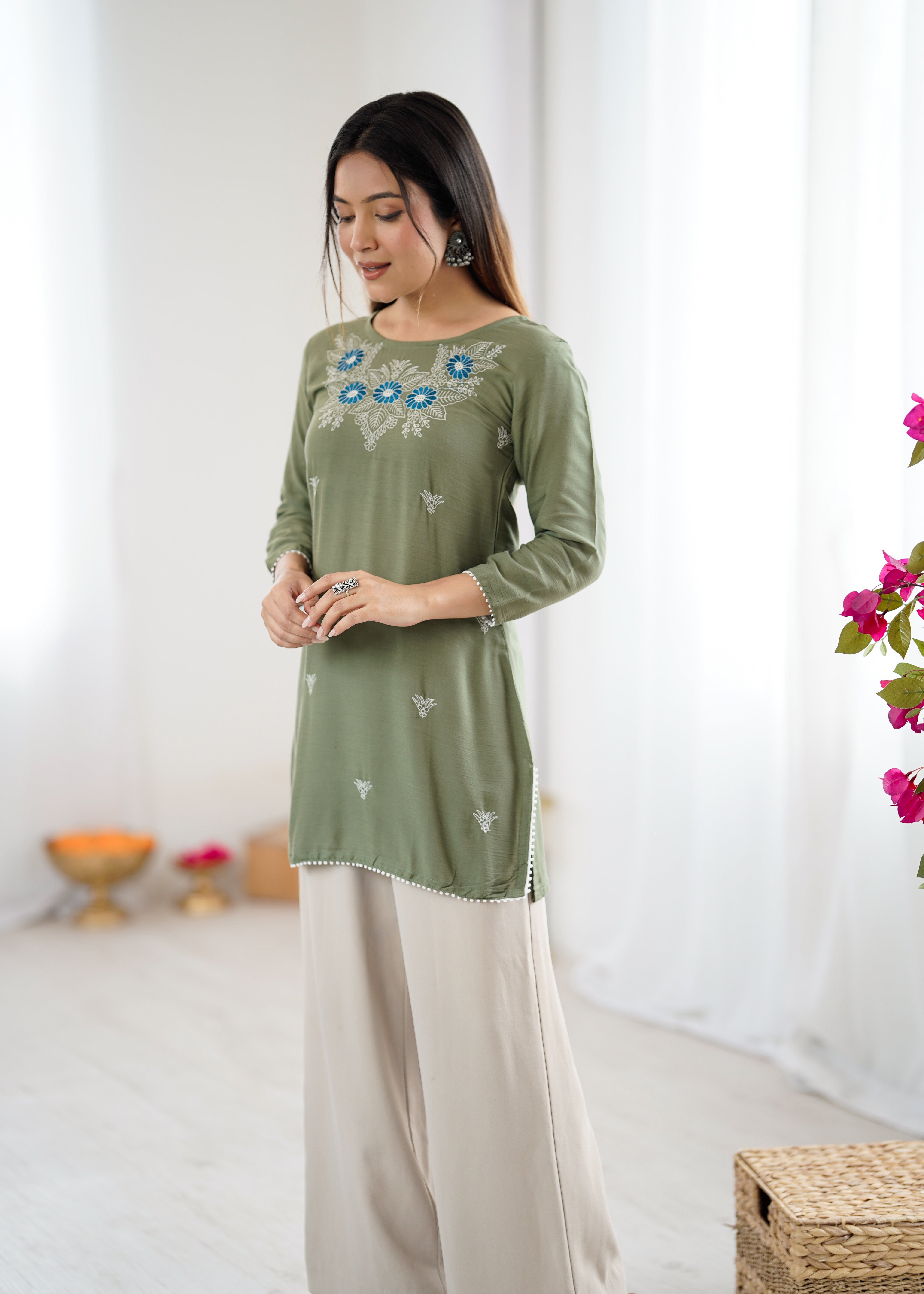 Olive Green Embroidered Kurti for Women