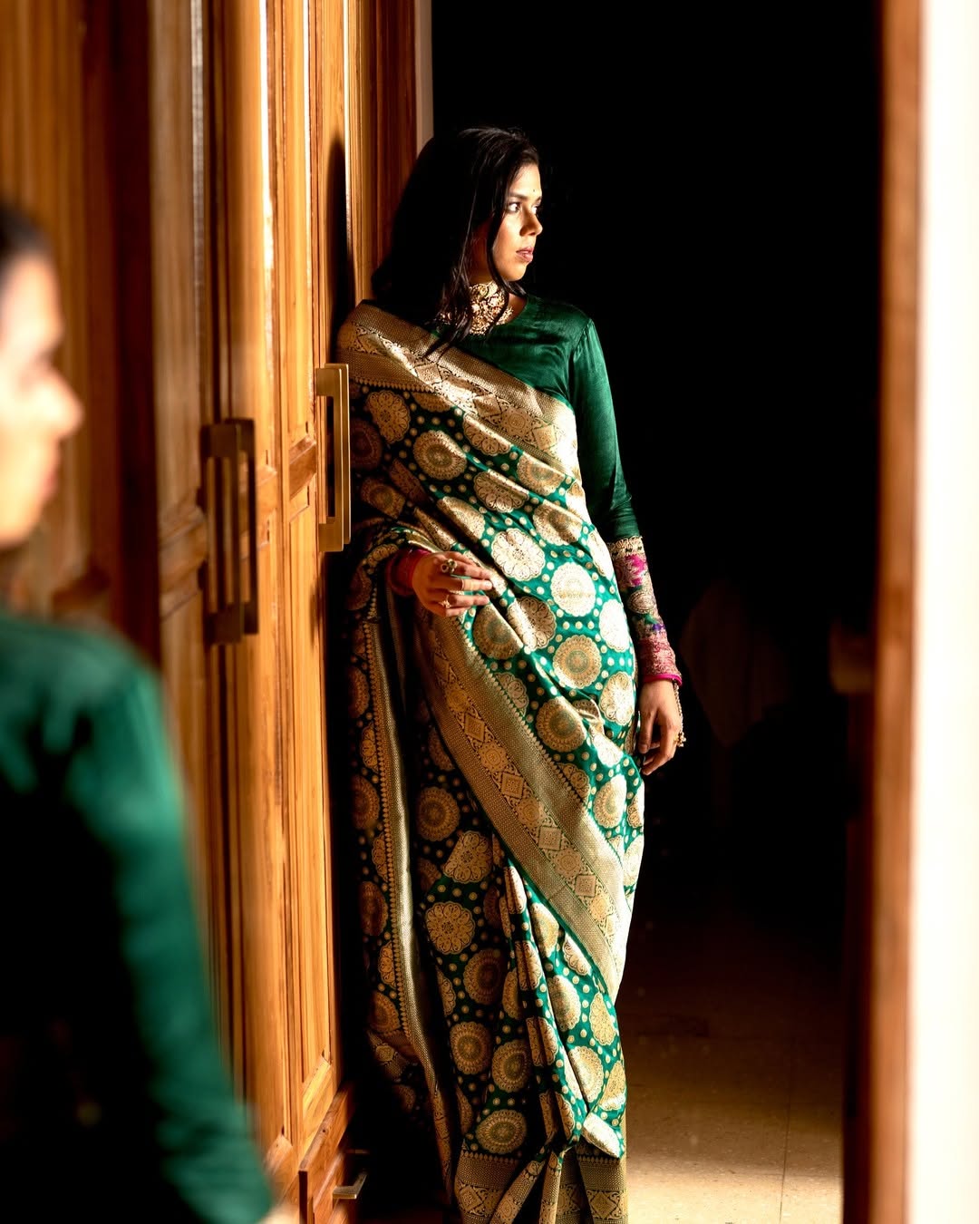 Green Banarasi Silk Saree with Gold Zari Motifs