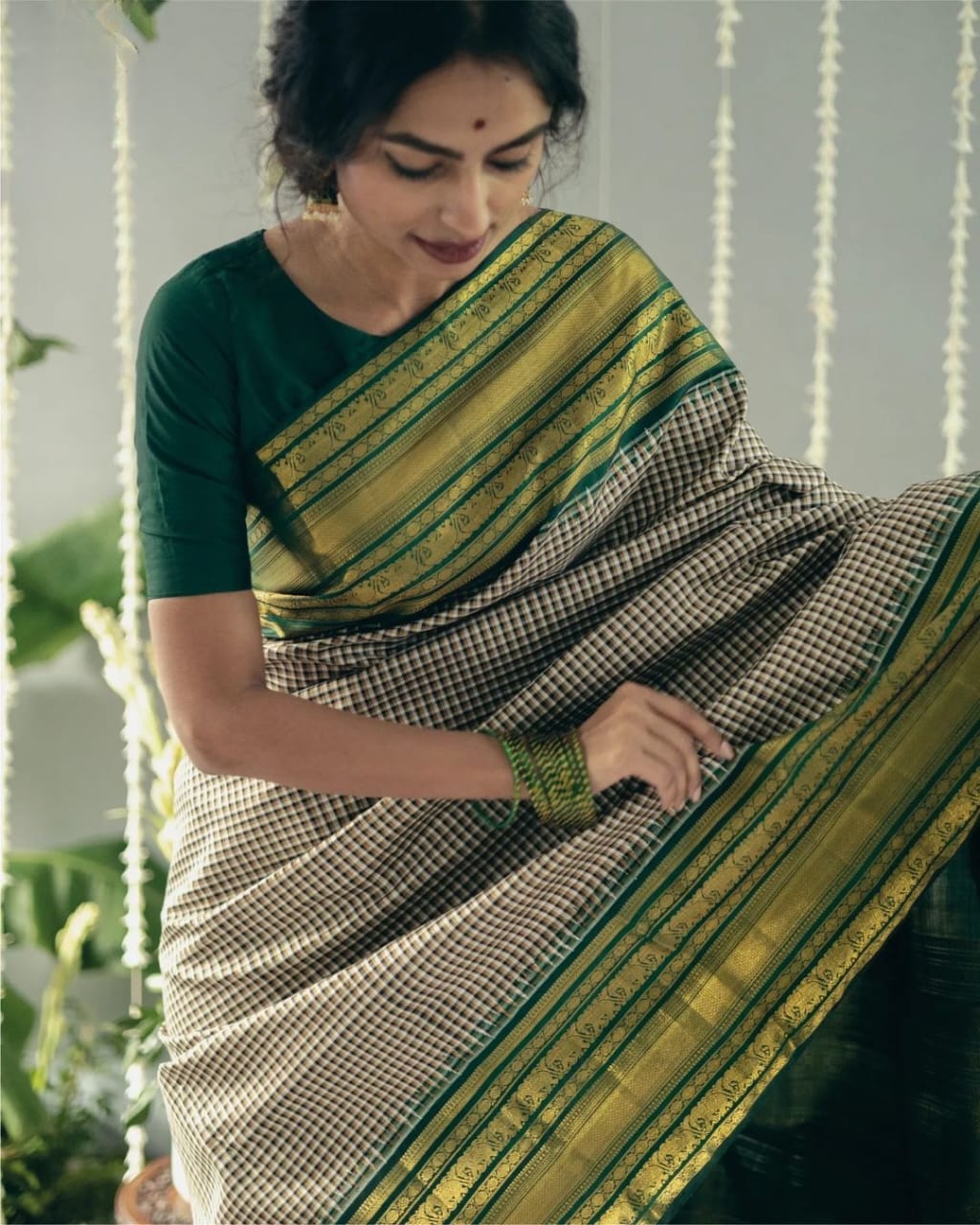 Green Cotton Saree with Beige Checks & Gold Border