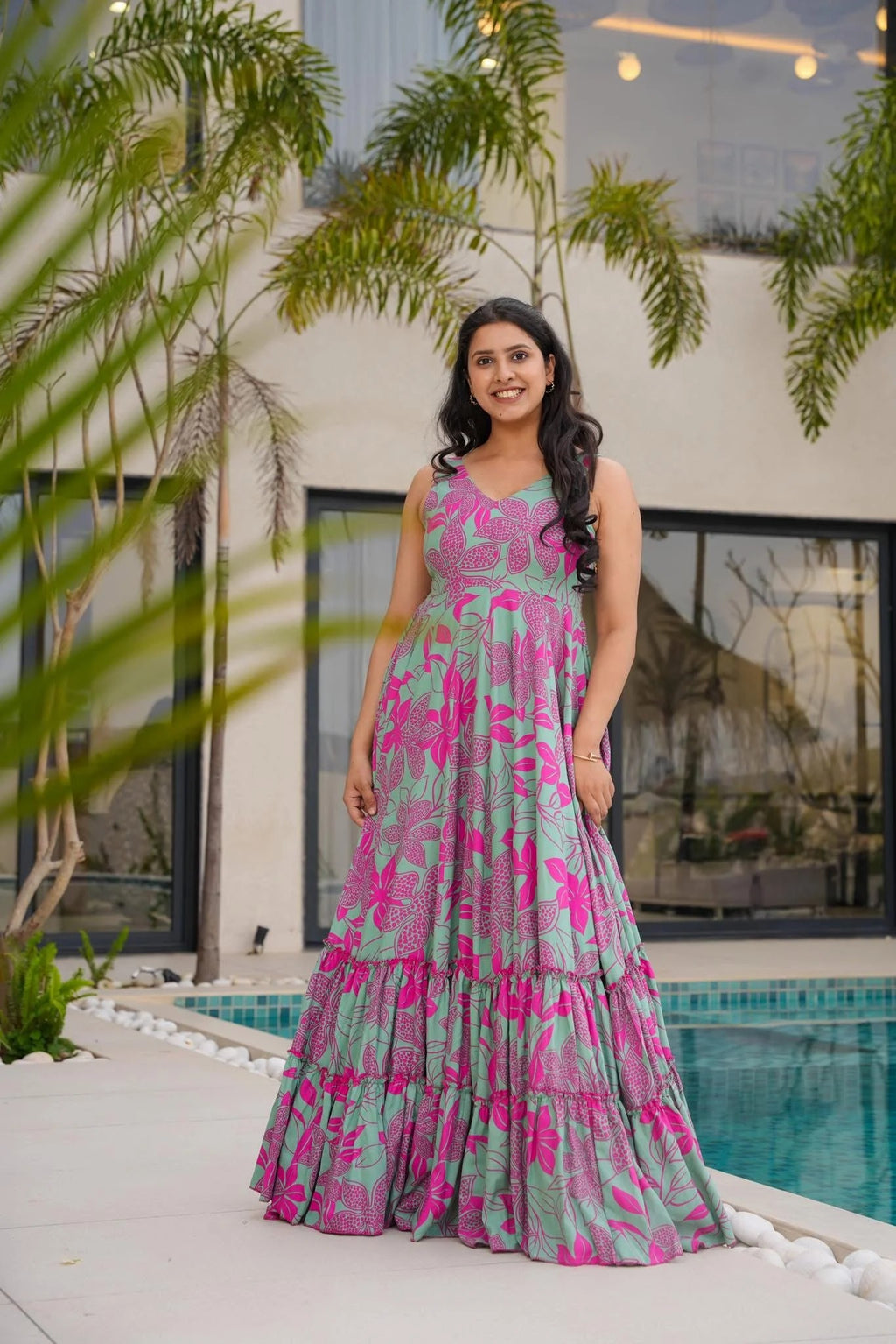 Green & Pink Floral Tiered Maxi Dress for Women