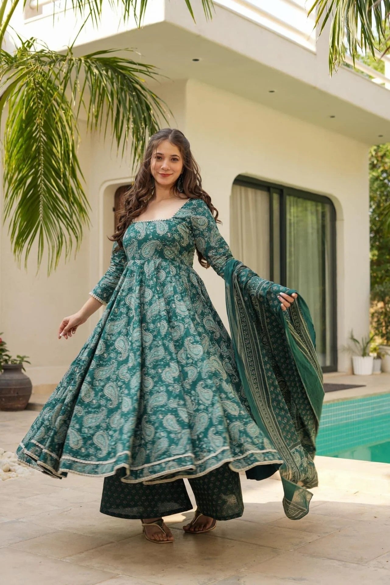 Green Printed Anarkali Suit Set for Women