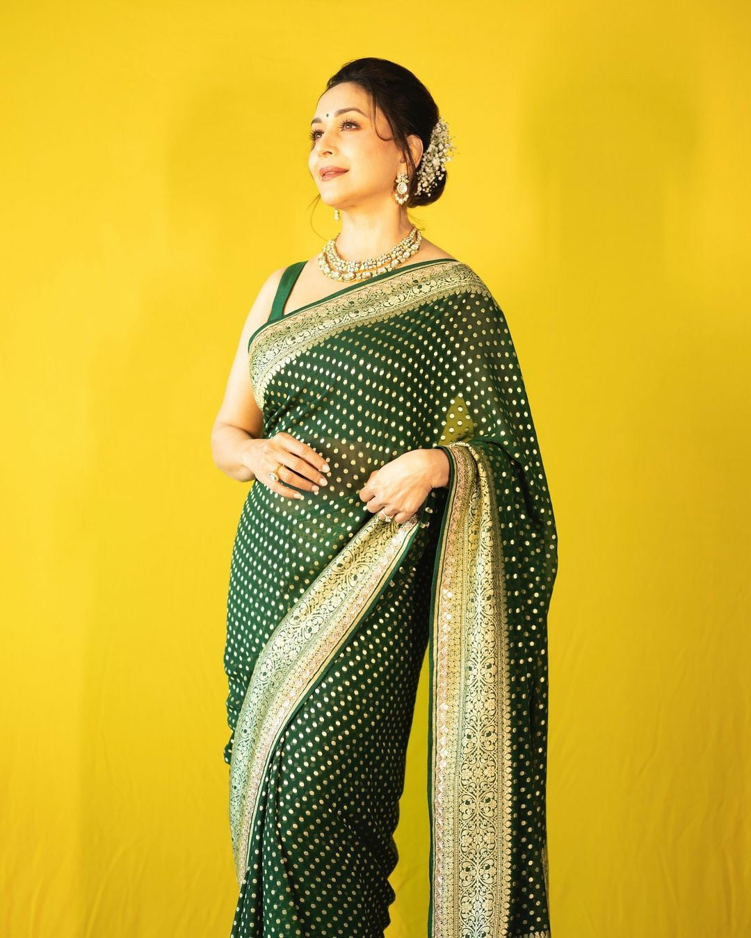 Green Silk Saree with Gold Butti & Zari Border