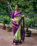 Green Silk Saree with Purple & Gold Border