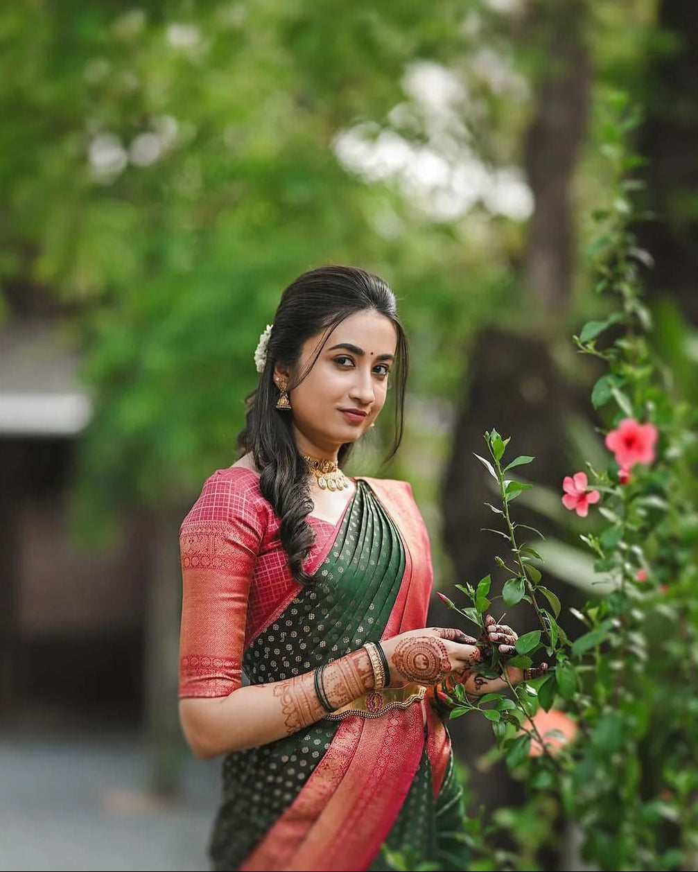 Green Silk Saree with Red Border & Zari Motifs