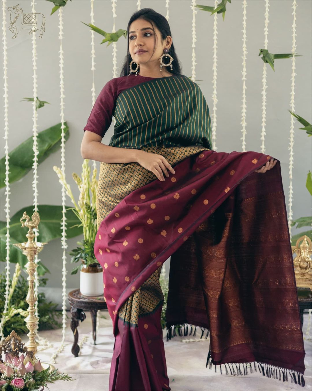 Green Silk Saree with Wine Contrast Border & Gold Zari Weaving