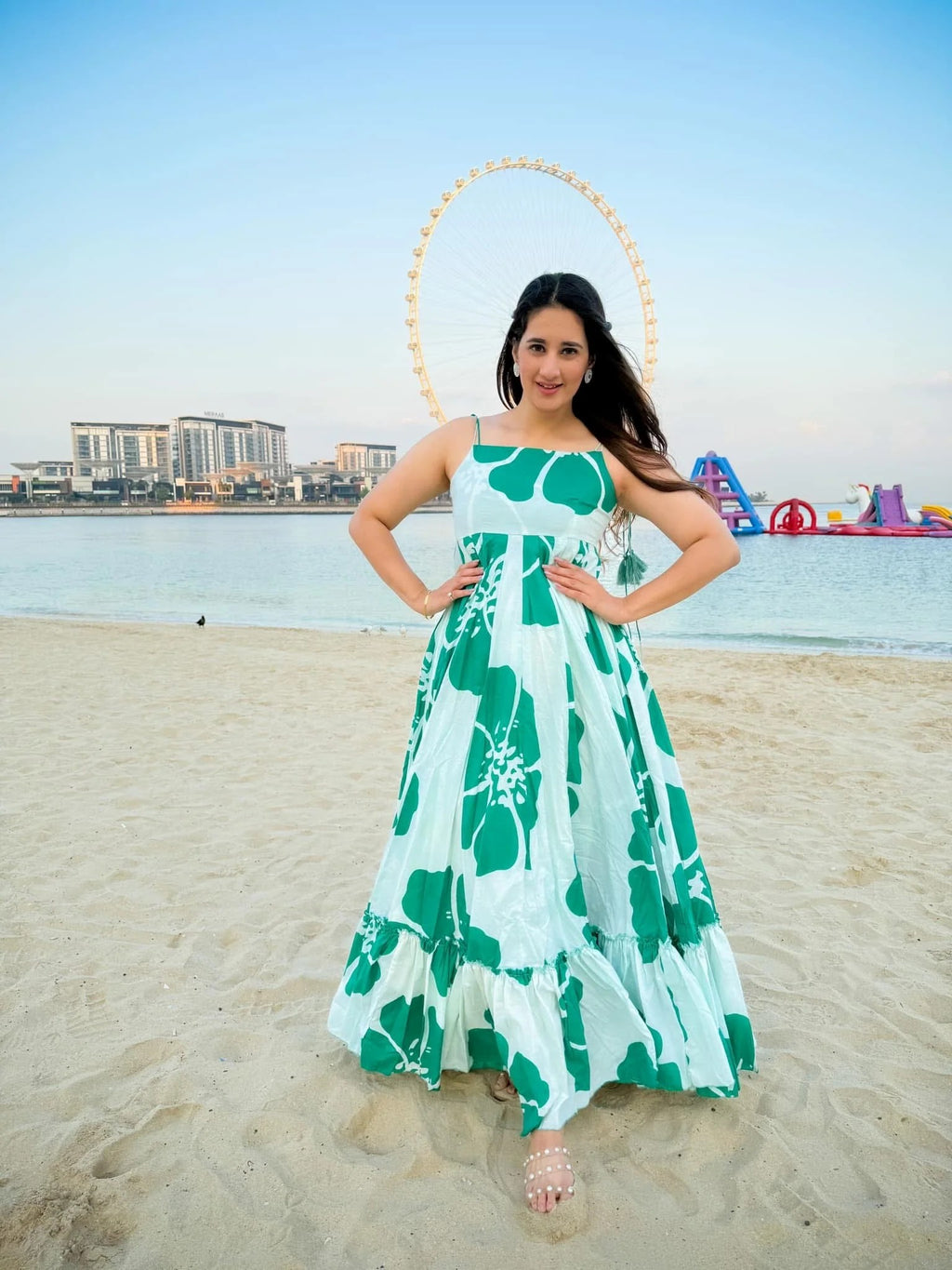 Green White Printed Maxi Dress for Women | Sleeveless Flared Long Dress