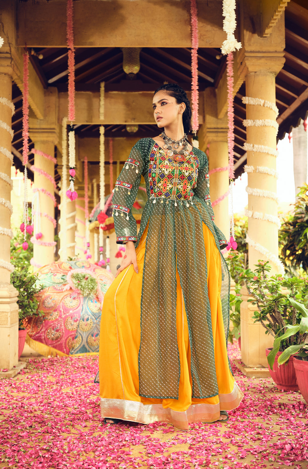 Green & Yellow Lehenga Set with Multicolor Embroidery