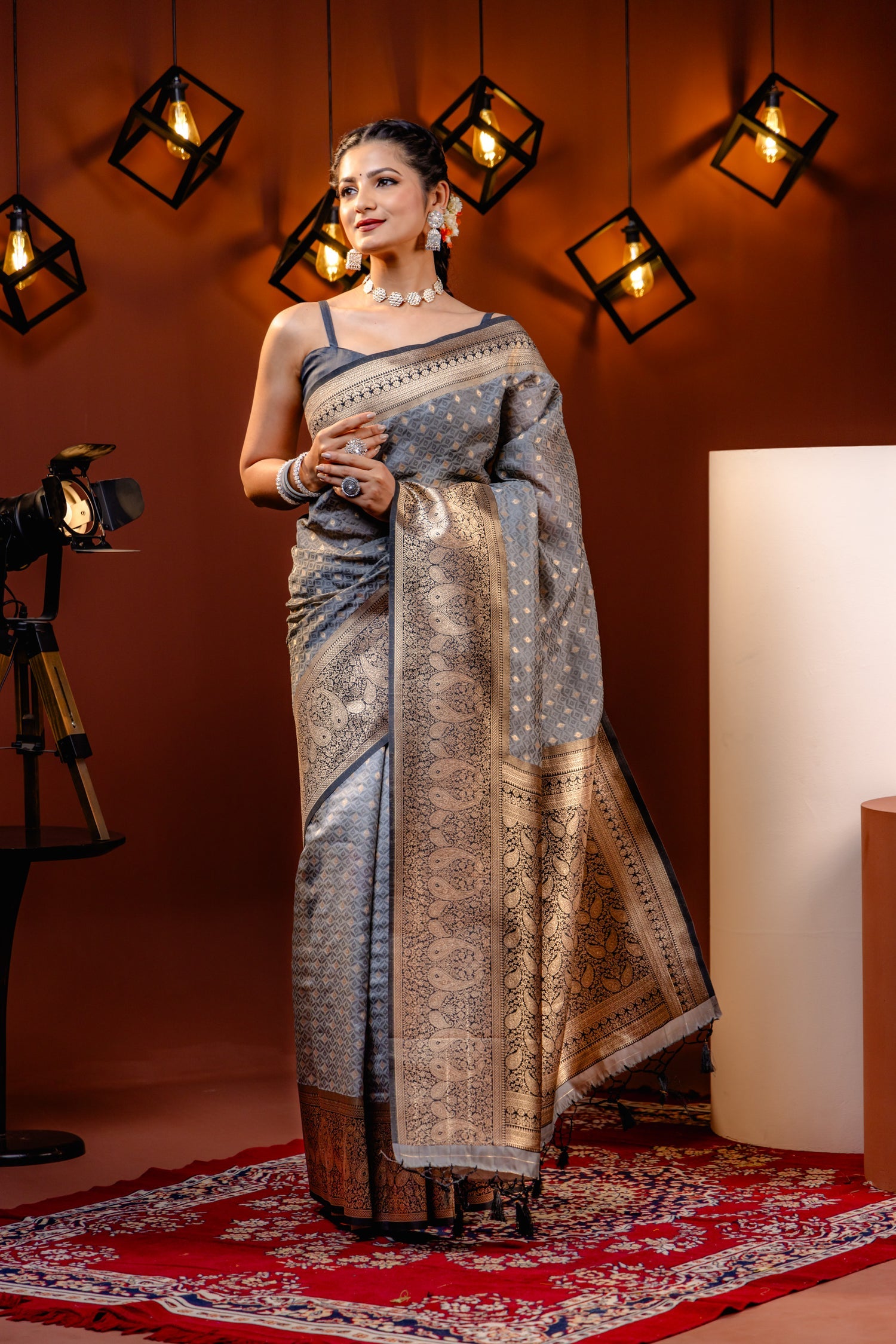 Grey Silk Saree with Gold Zari Border