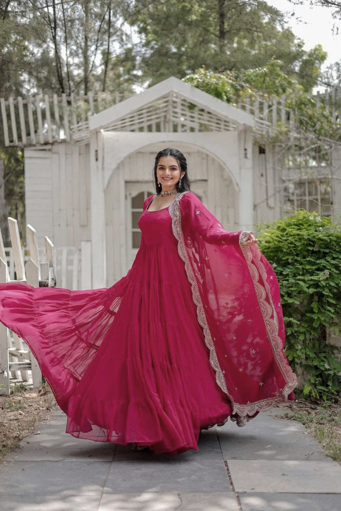 Hot Pink Anarkali Gown with Embroidered Dupatta for Women