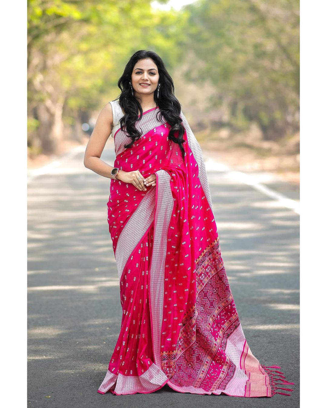 Hot Pink Cotton Silk Saree with Silver Border