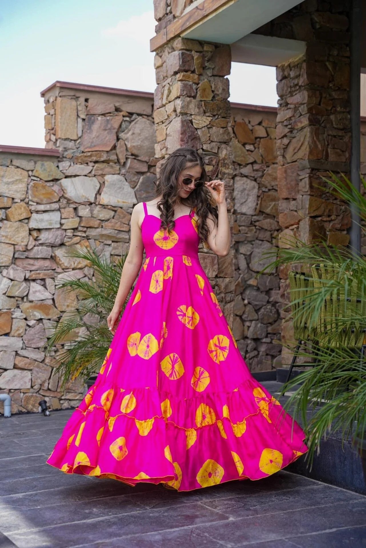 Hot Pink Printed Maxi Dress for Women