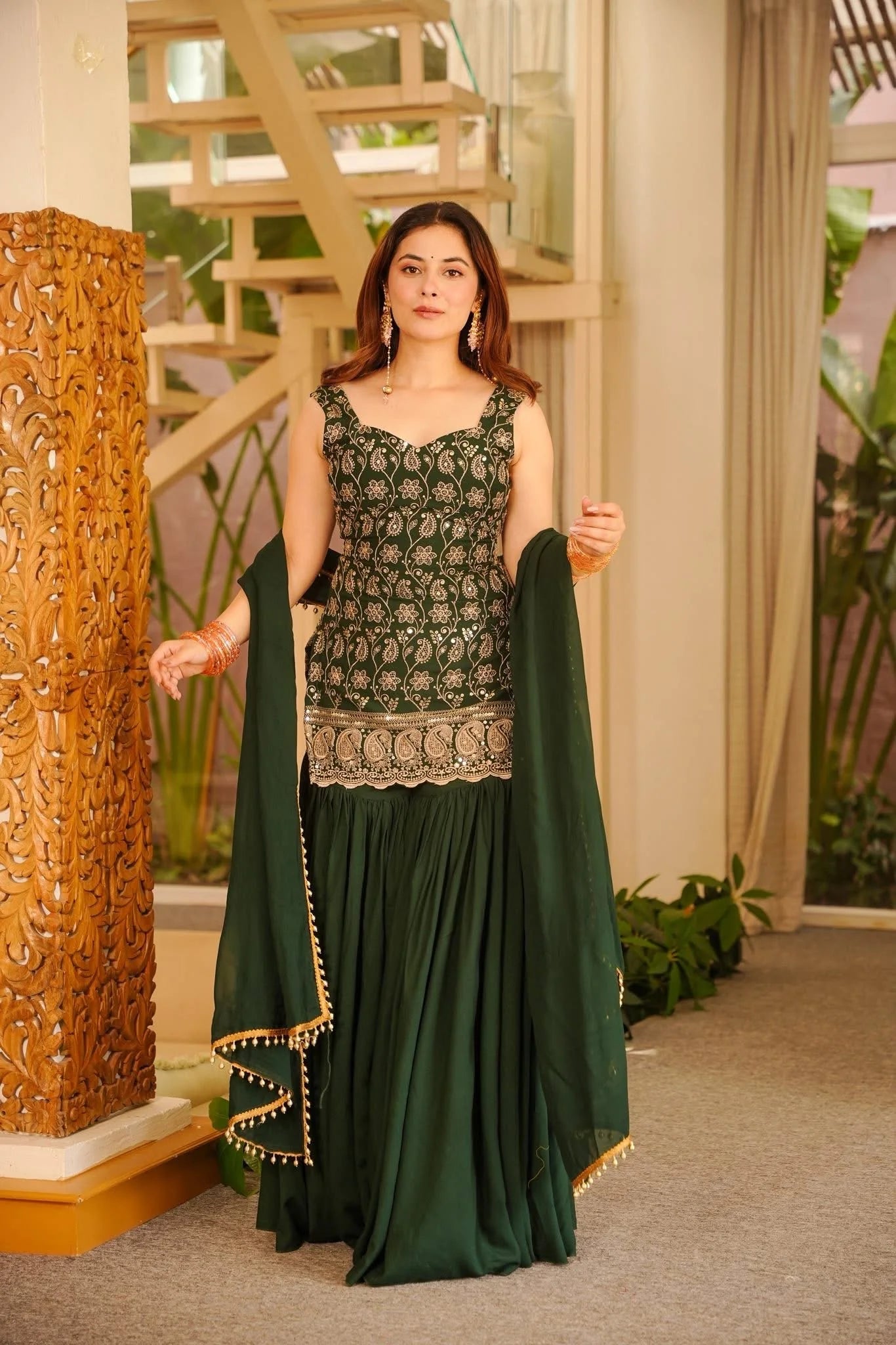 Sleeveless Heavy Embroidered Short Kurti with Flared Sharara Pants & Dupatta Set for Women