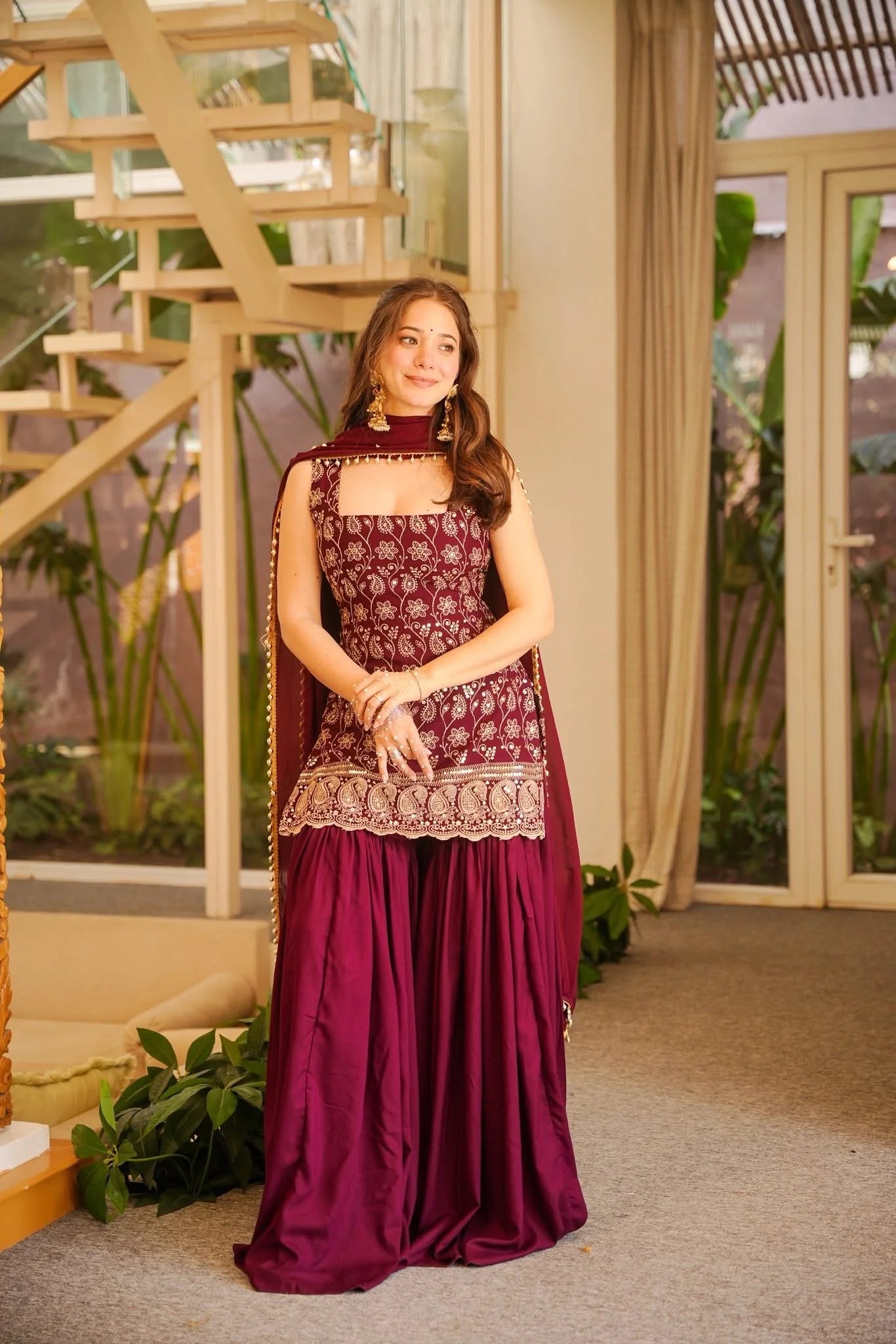 Sleeveless Heavy Embroidered Short Kurti with Flared Sharara Pants & Dupatta Set for Women