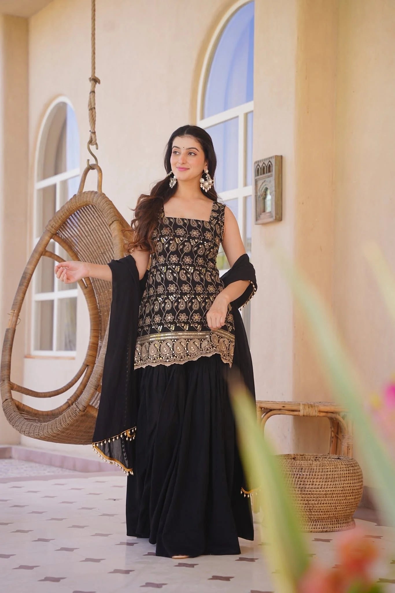 Sleeveless Heavy Embroidered Short Kurti with Flared Sharara Pants & Dupatta Set for Women