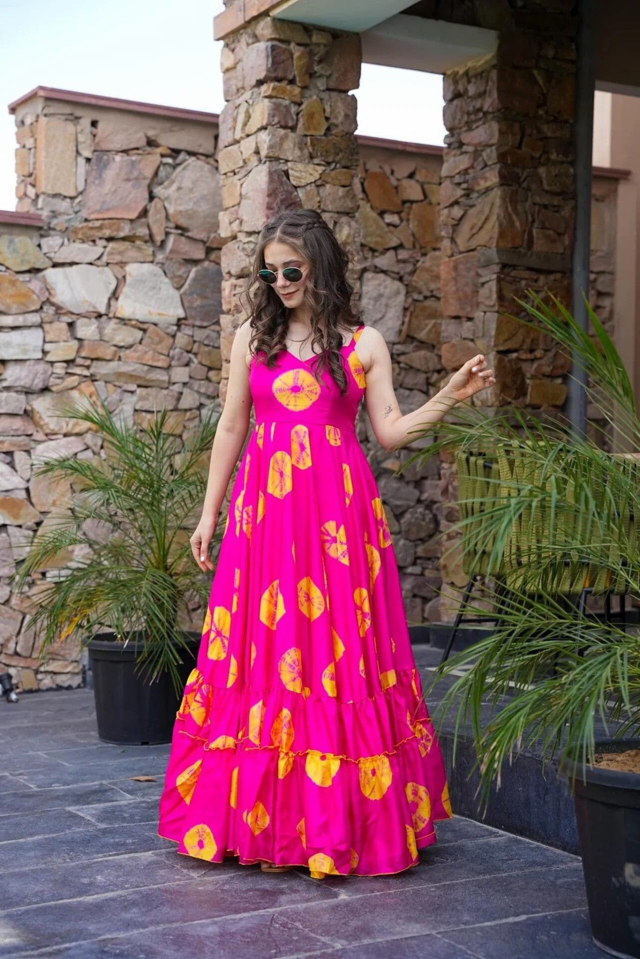 Hot Pink Printed Maxi Dress for Women