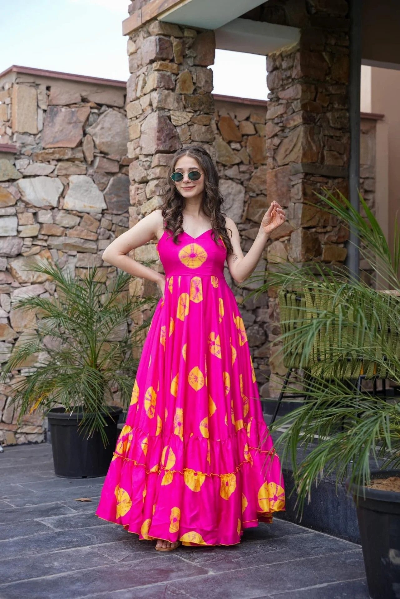 Hot Pink Printed Maxi Dress for Women
