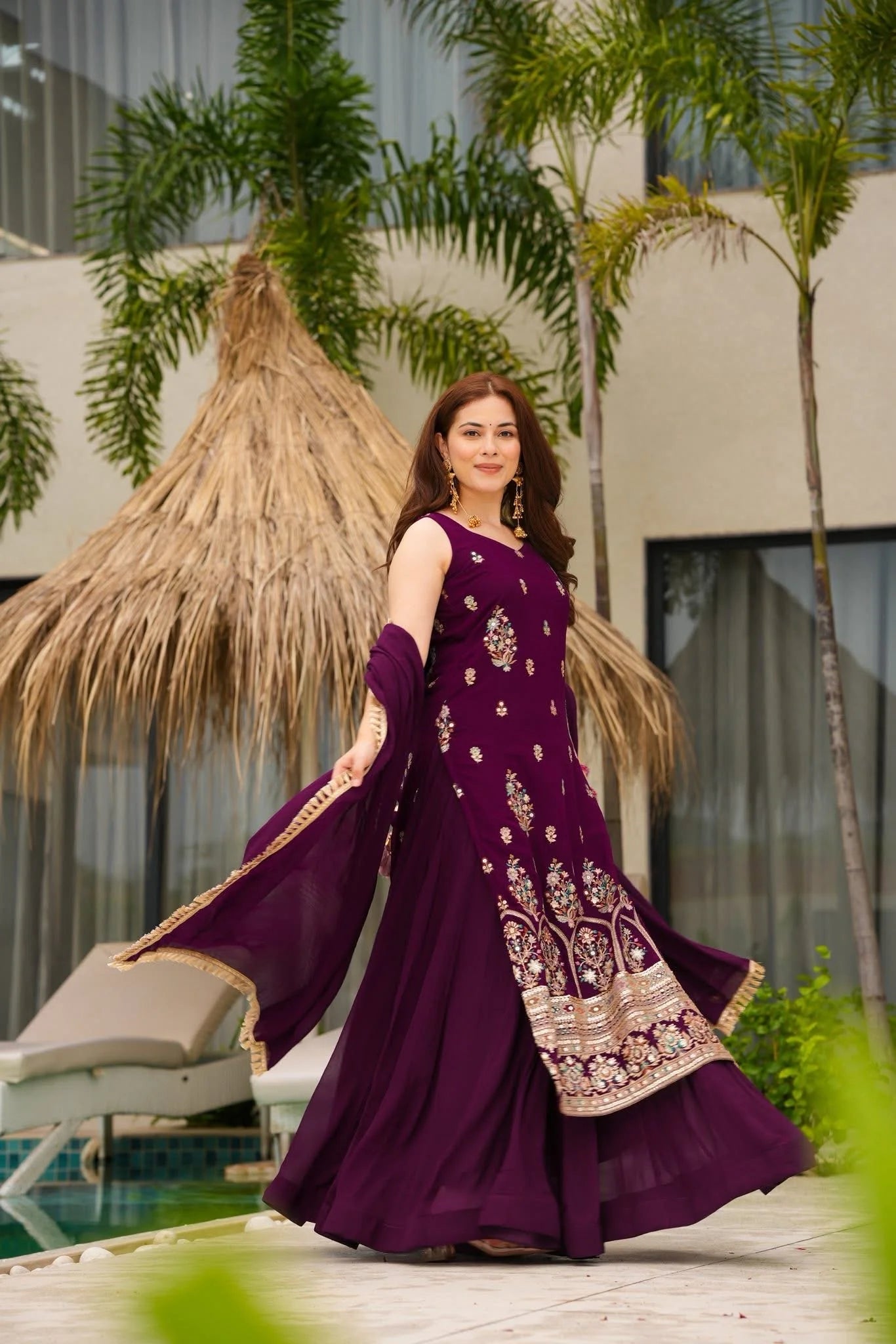 Designer Deep Purple Georgette Sleeveless Floral Thread & Mirror Work Kurti with Flared Sharara Skirt & Dupatta Set for Women