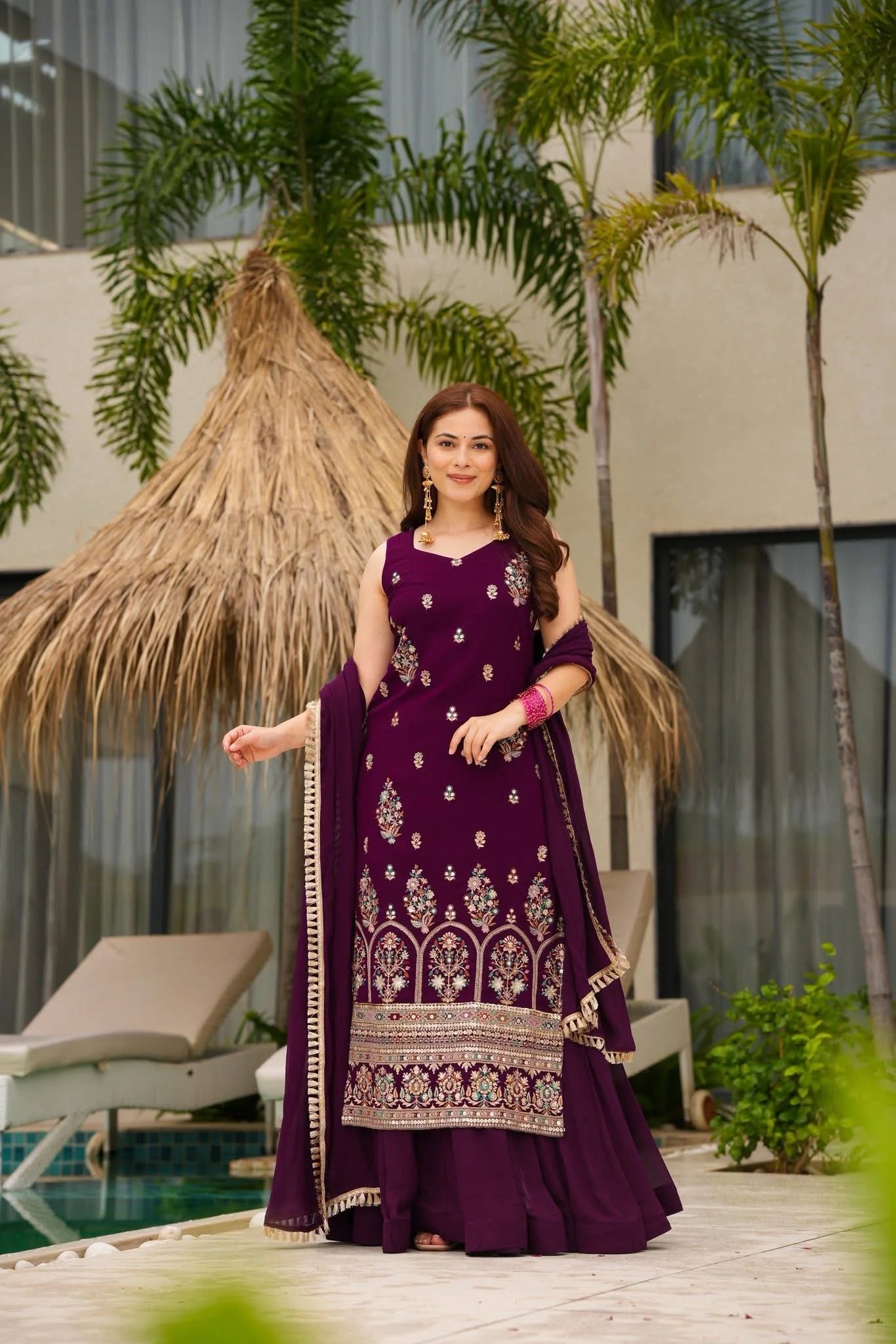 Designer Deep Purple Georgette Sleeveless Floral Thread & Mirror Work Kurti with Flared Sharara Skirt & Dupatta Set for Women