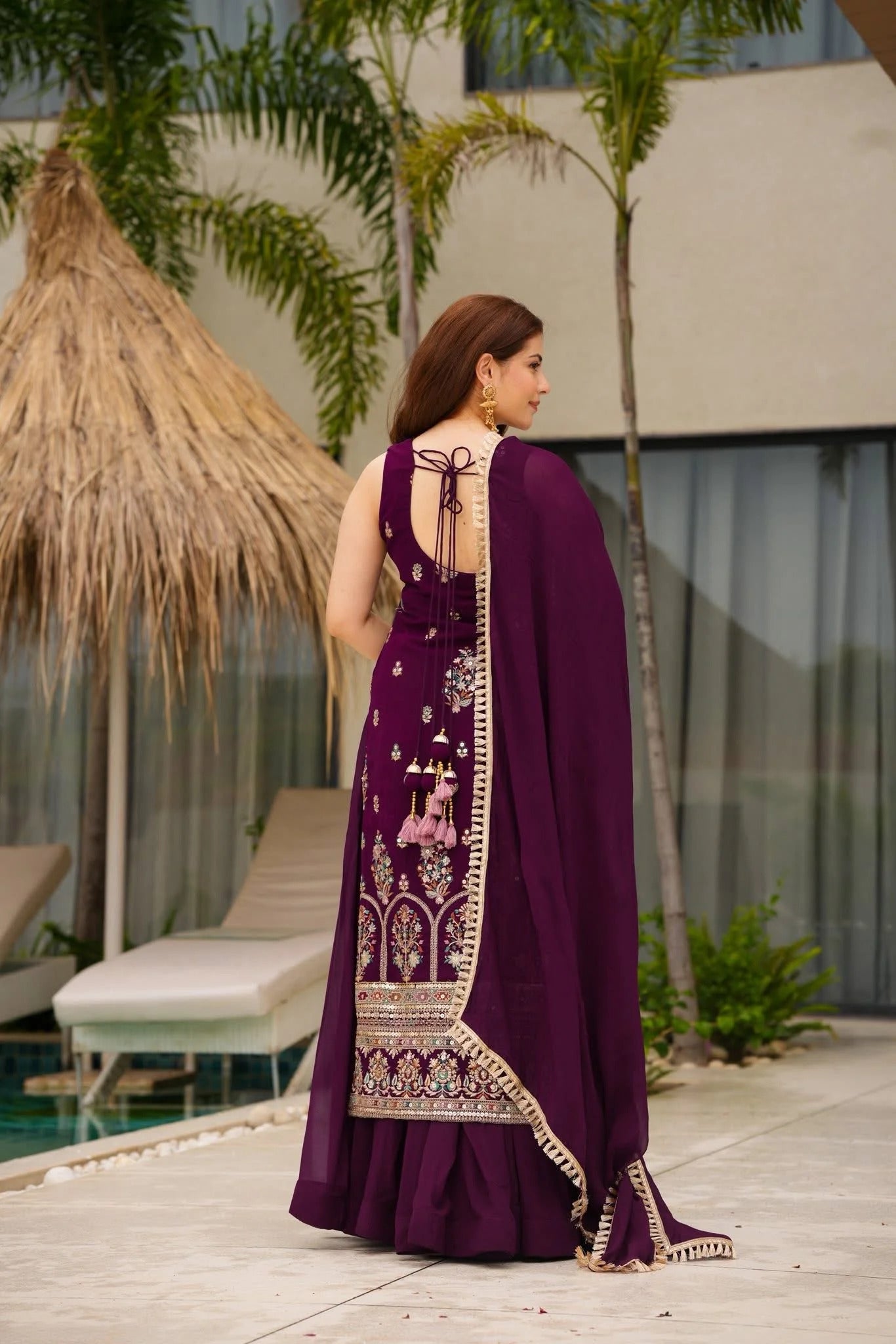 Designer Deep Purple Georgette Sleeveless Floral Thread & Mirror Work Kurti with Flared Sharara Skirt & Dupatta Set for Women