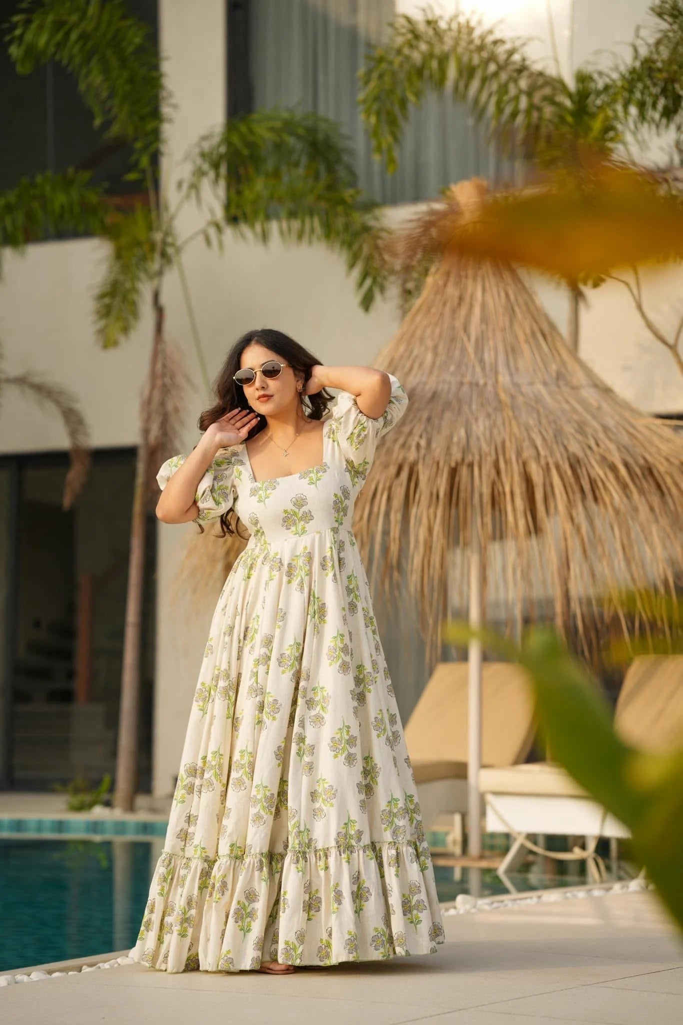 Sage Green Floral Cotton Maxi Dress