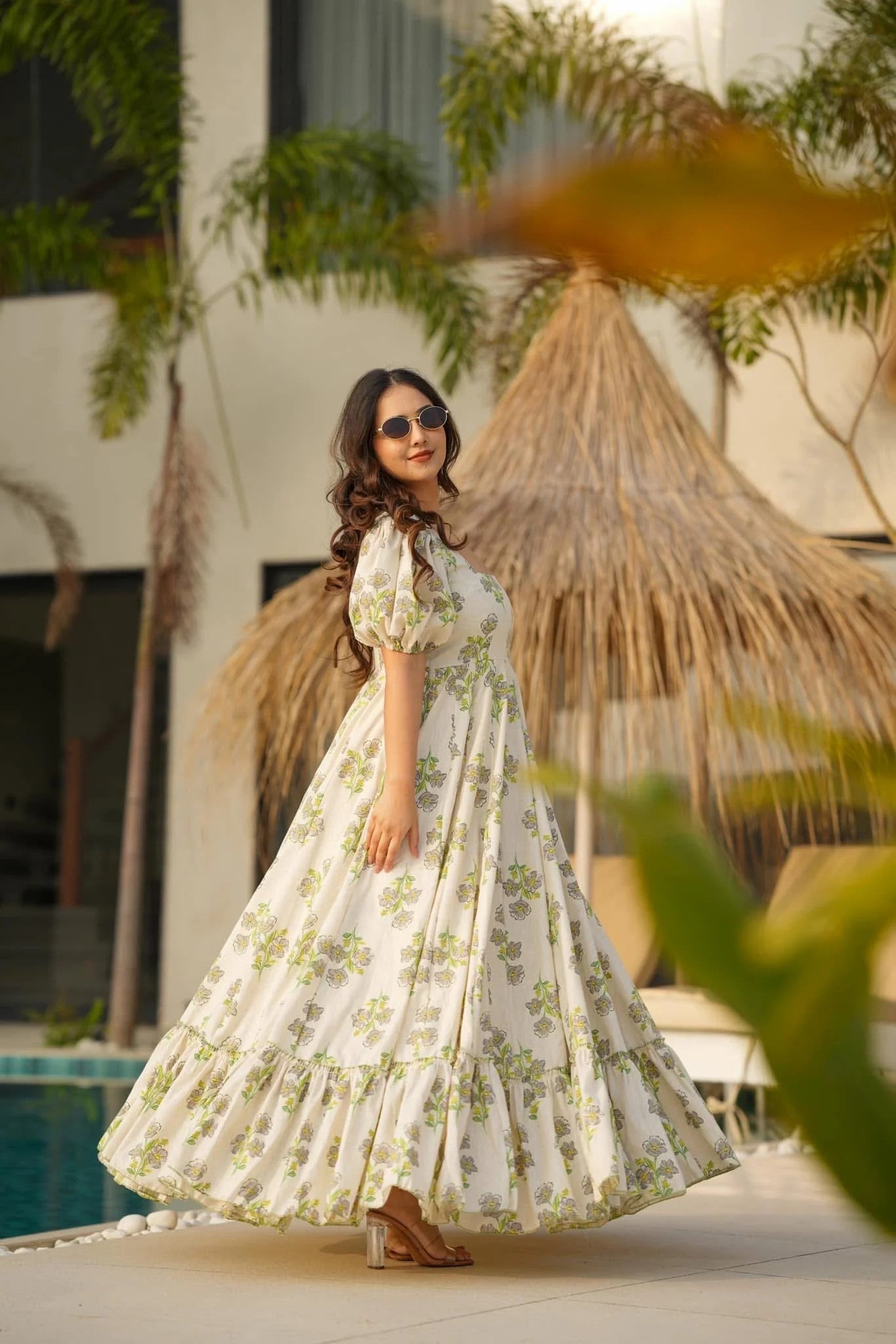 Sage Green Floral Cotton Maxi Dress
