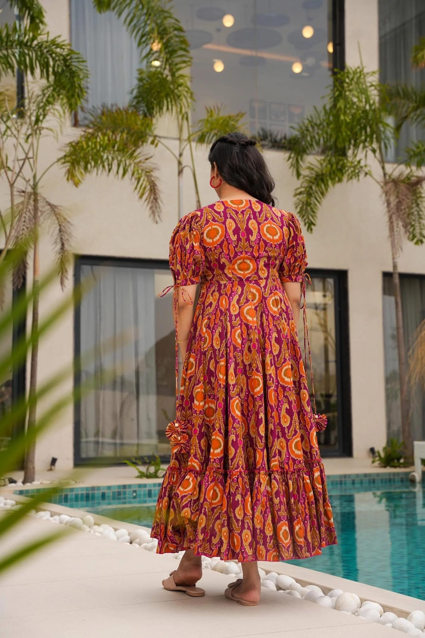 Orange & Pink Printed Tiered Maxi Dress for Women