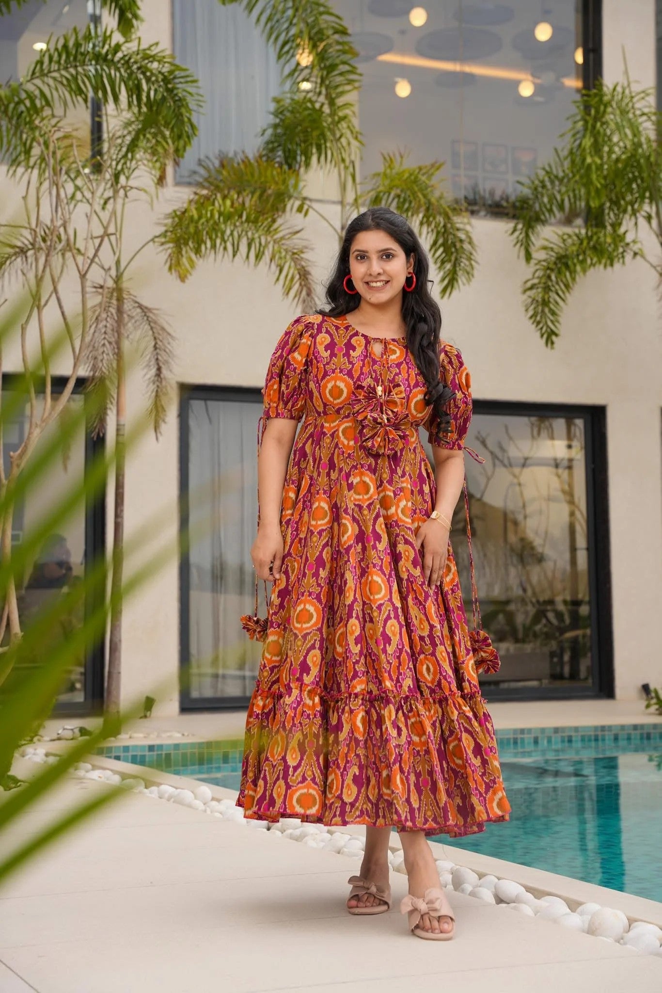 Orange & Pink Printed Tiered Maxi Dress for Women