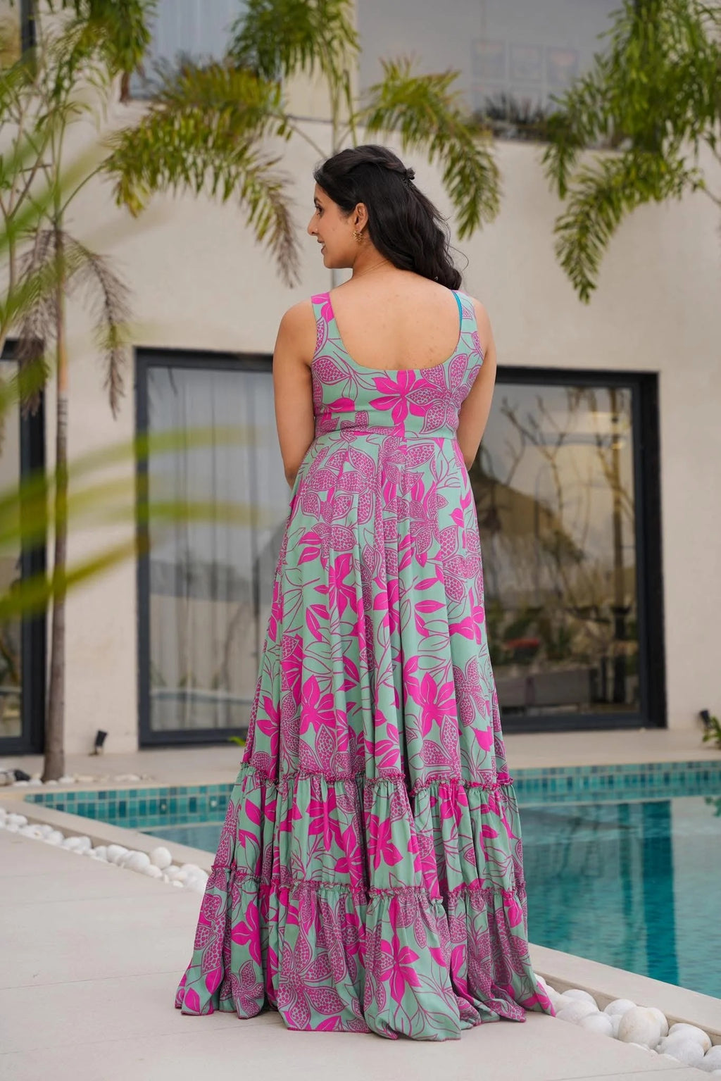 Green & Pink Floral Tiered Maxi Dress for Women