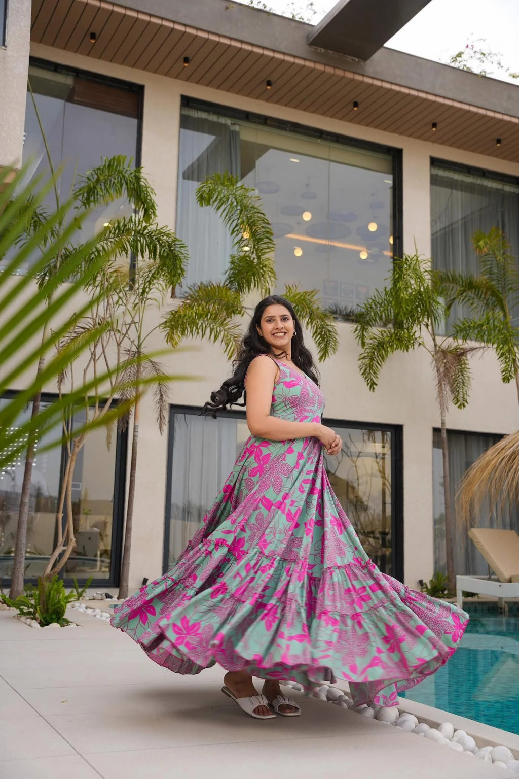 Green & Pink Floral Tiered Maxi Dress for Women