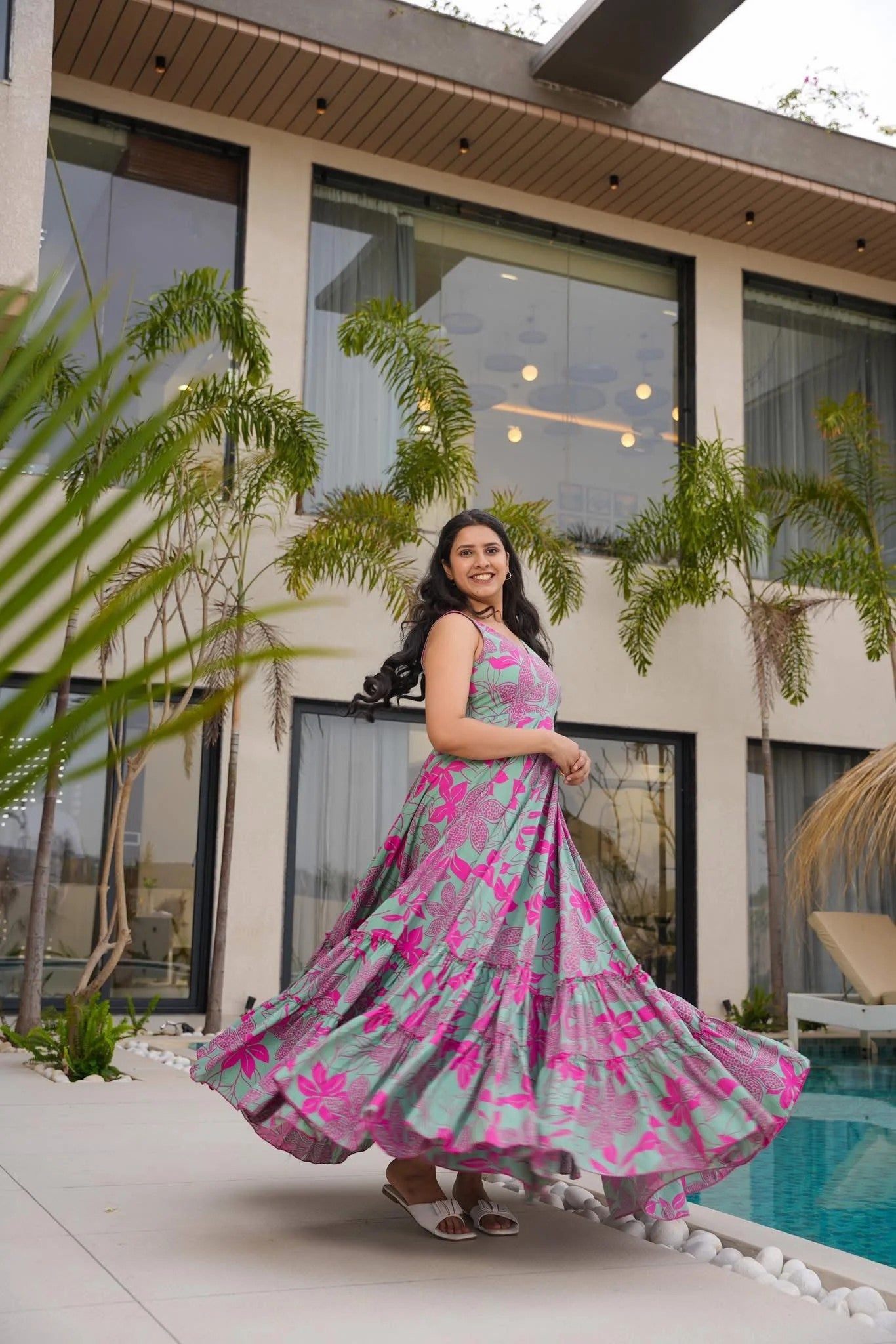 Green & Pink Floral Tiered Maxi Dress for Women